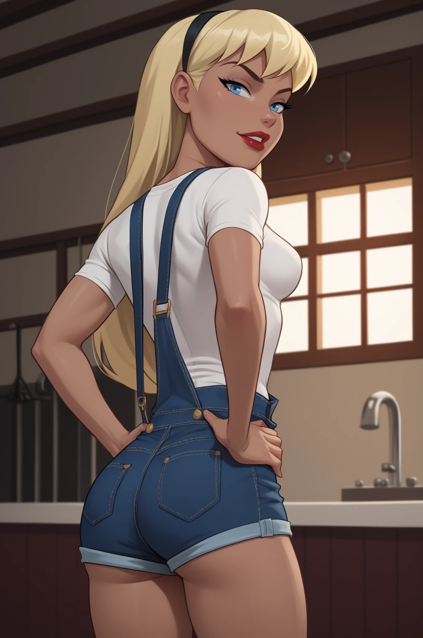 Buff blonde woman, in kitchen, in white tank-top, white cotton panties, gripping a kitchen table, startled expression, anime art style, intricate details