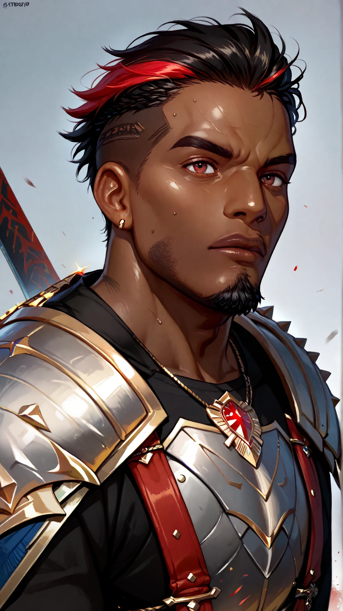 Create a dark-skinned African black man, With short black dread hair with red highlights, with goatee, with blood red eyes , bronze armor with gold and diamond details black stones in, Fighting against with swords