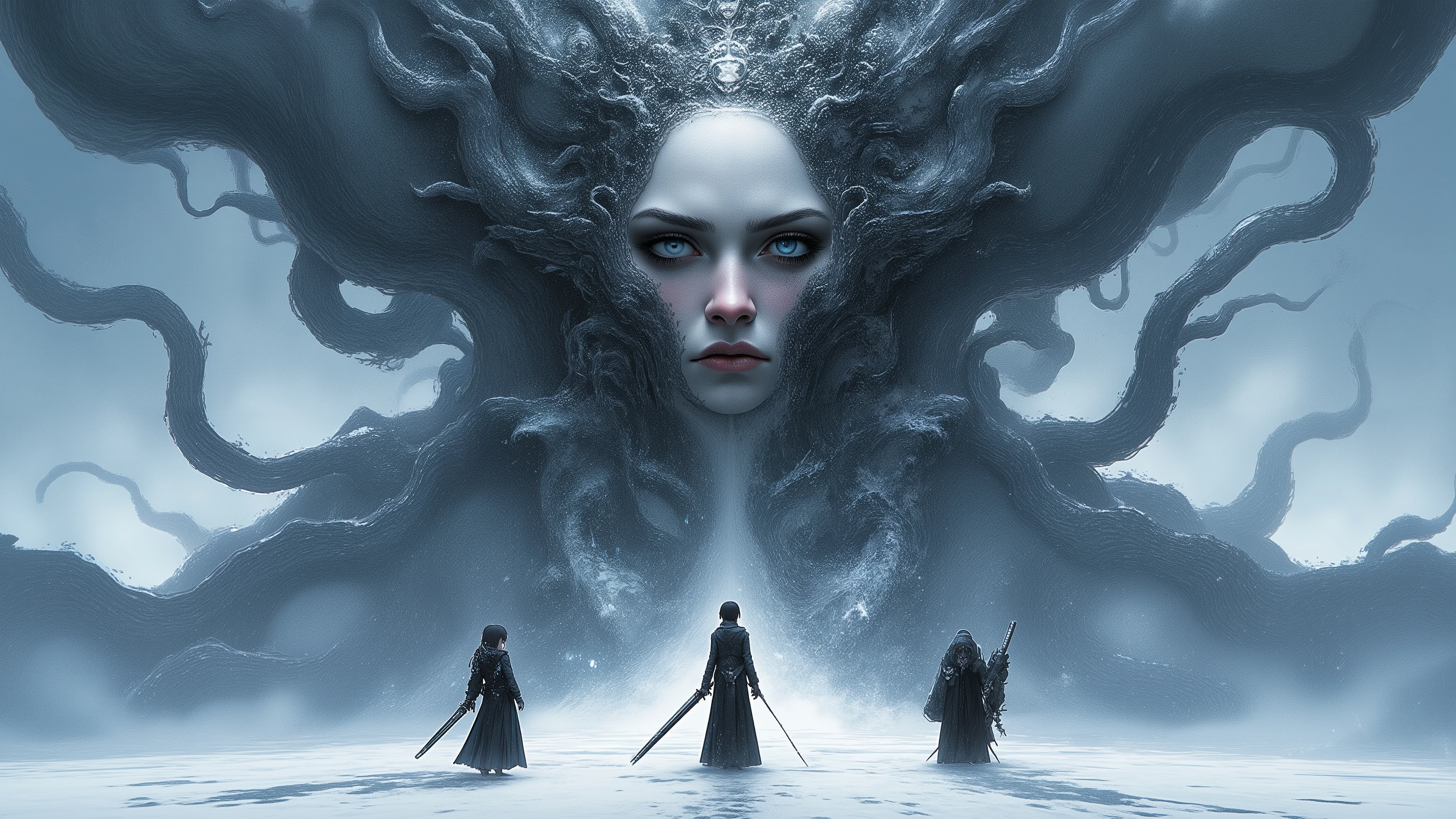 Masterpiece, Top Quality, Retina, Snowy Scenery, (3 people, a woman with a big sword, a man with a huge gun, a panda beastman wearing futuristic heavy armor, white breath, tattered armor and cloak and robe, the three are standing side by side), Do not be afraid, (Great despair and small hope), (A strangely shaped mechanical god that will bring ruin to the world, A beautiful woman's face is intricately intertwined with countless tentacle-like mechanical tubes and hideous creatures, God of Destruction, A fusion of H.R. Giger's design and Yasushi Nirasawa's design, the woman's face is so huge that it covers more than half of the screen), Our final battle, an endless battle is coming, It's very painful and sad, but please show them the light), Beautiful and cruel landscape that brings tears to my eyes, Panorama, Wide angle, A snow-covered wilderness and a day like midnight