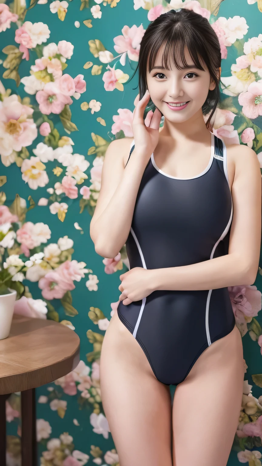 Tabletop、highest quality、shape、Very detailed、High resolution、8k wallpaper、Perfect dynamic composition、beautifully、Perfect hair with attention to detail、Natural color lip, ,smile、20-year-old girl、cute、(highest quality:1.3)、(masterpiece:1.3)、(The Very detailed:1.3)、(wallpaper, One Girl:1.1)、(Detailed hands and fingers:1.2)、(Super Oily, Highly detailed shiny skin:1.1(Beautiful black and white sports swimsuit:1.4)、(Micro Bikini Swimsuit)Brown Hair、Natural smile、Bobcut、Beautiful sister、(Are standing:1.2)、Swimming Stadium、(Full body image 1,1)bangs