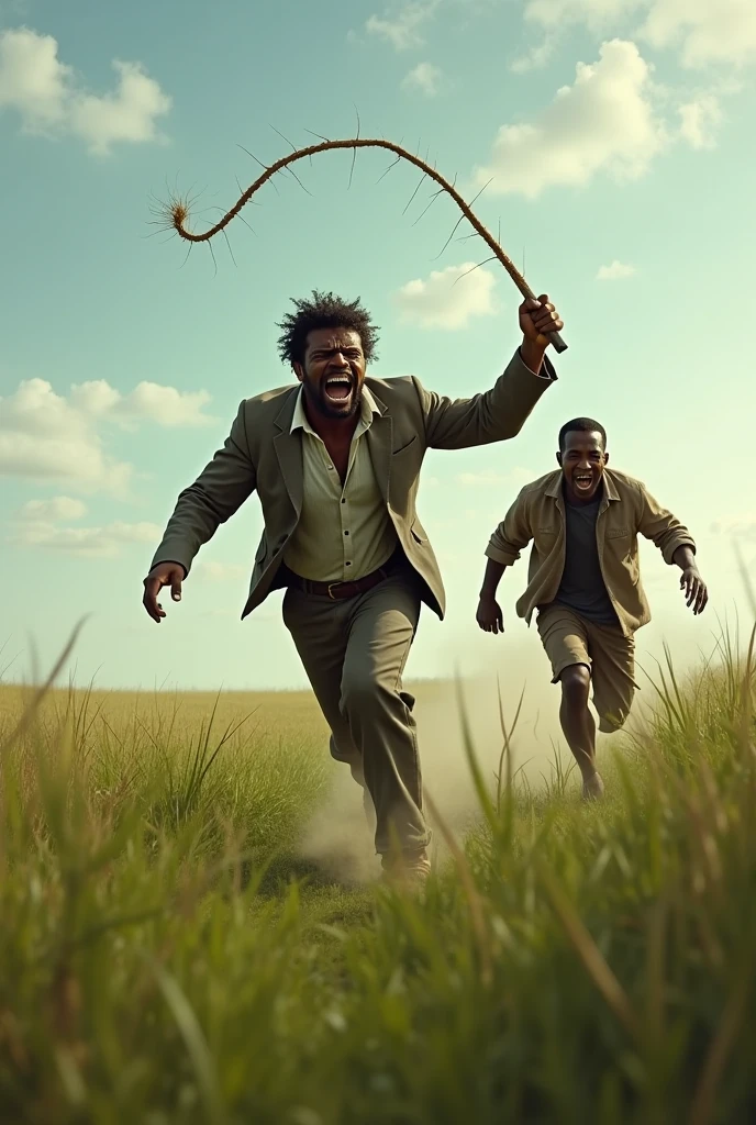 incredibly fat african people running from a lion in the savannah they are angry, are running away, men and women, dirt clothes, people talking loudly and swearing, fat people rolling on the floor, dust, lensflare effect, motion-blur, highly dynamic image, bare feet, holding glass of beer, Holding Hamburger, highy detailed, Amazing scene,