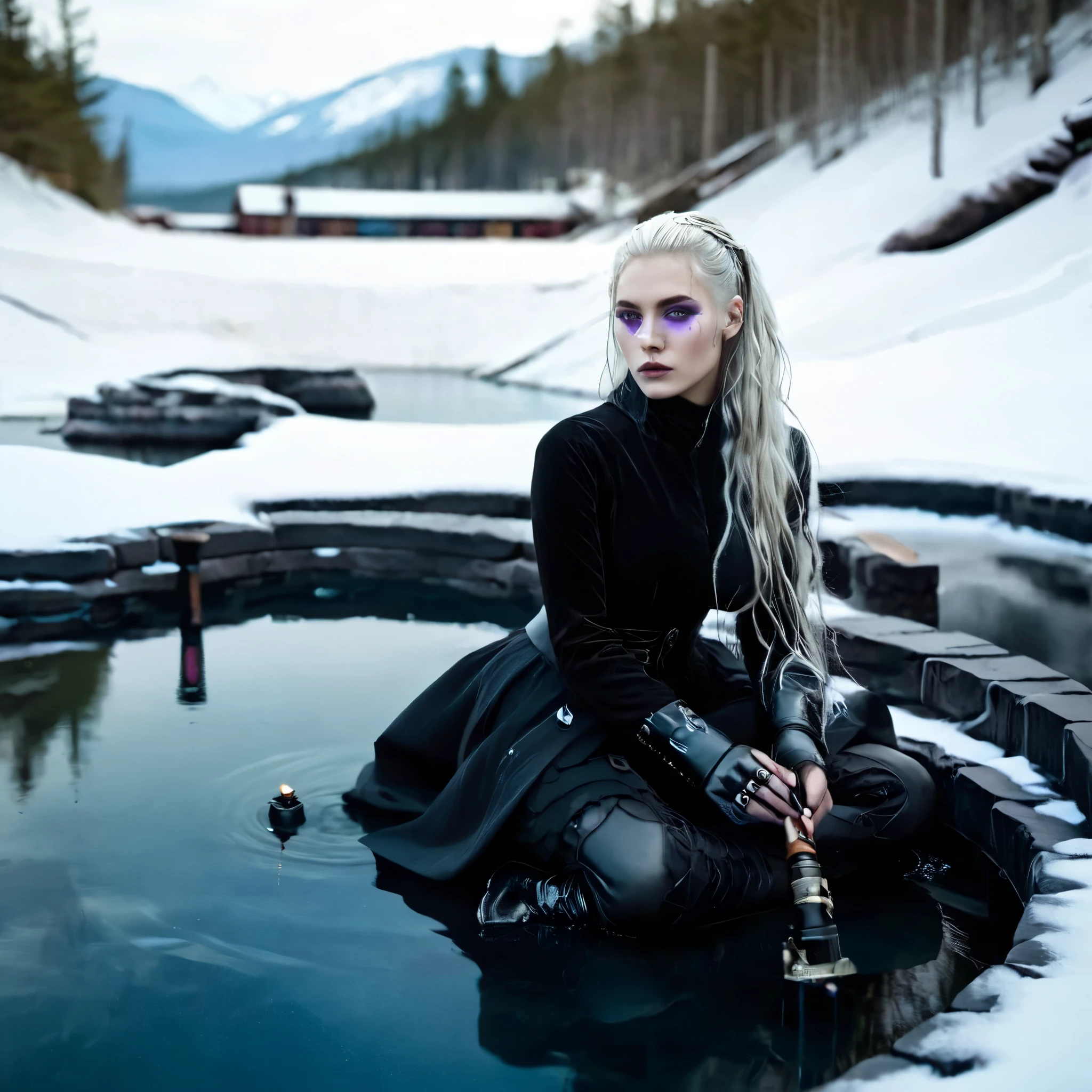 a woman with coal back skin and white long hair and purple eyes is in a body of water, smoking a pipe,sitting and relaxing in a Natural pool of hot thermal water,Winter, snow Natural place,light a pipe with magic, seductive cyberpunk dark fantasy, hyperrealistic fantasy art, in cyberpunk style, aesthetic cyberpunk, digital fantasy art ), cyberpunk beautiful girl, cyberpunk art style