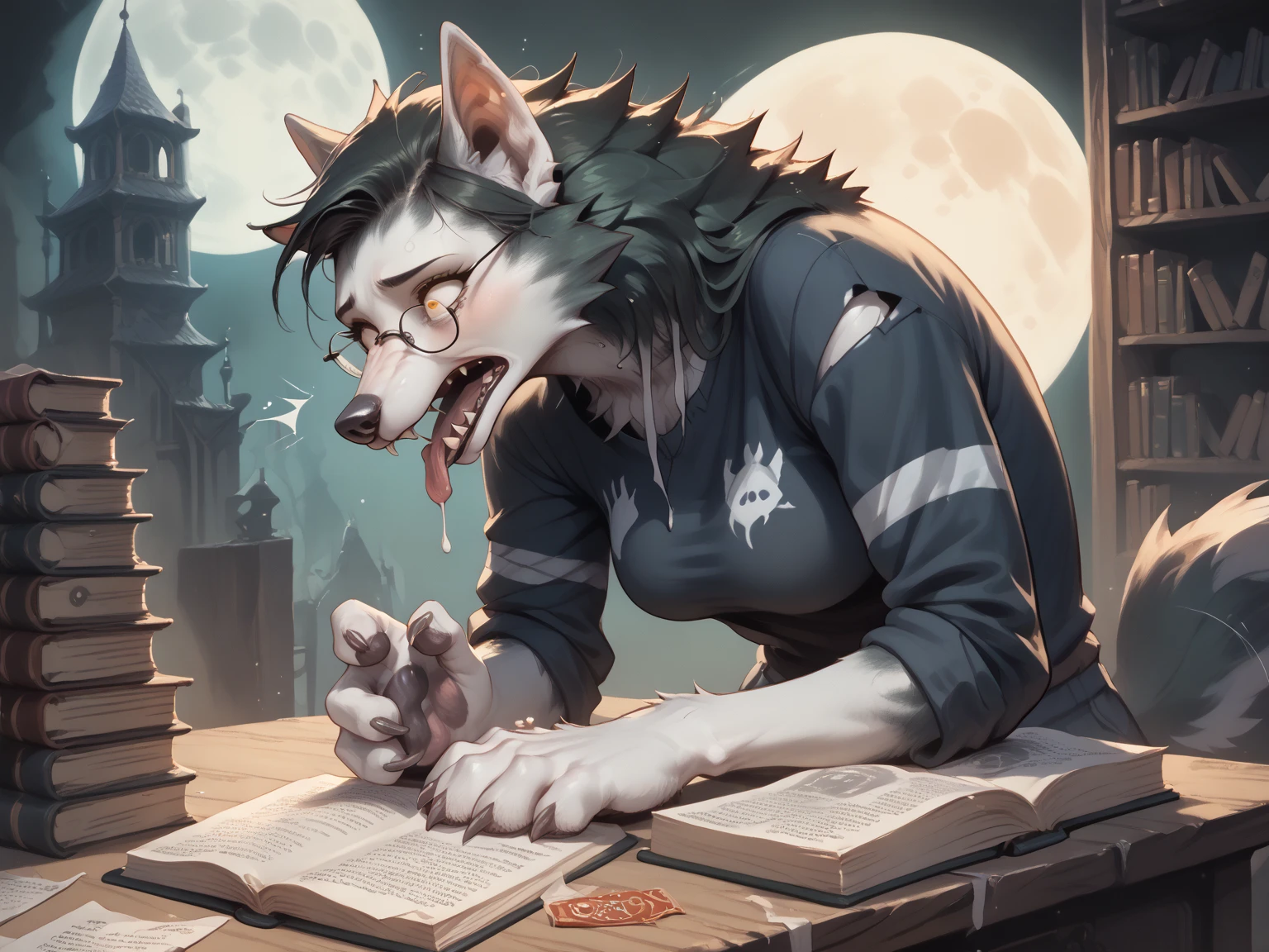 (by jishinu and dacad and zackary911 and braeburned and photonoko and dimwitdog and seibear and vksuika and marblesoda and fluff-kevlar and chunie and juiceps and riska and meesh and fuzzamorous and wizzikt), (snow white wolf), (cobalt black wolf), anthro, big breasts, big penis, (bodily fluids), (dual sex), duo, eyelashes, facial markings, male, female, fine breasts, fur, hair, huge balls, age difference, long ears, long hair, male, male/female, narrowed eyes, navel, nude, open mouth, penile, penis, (precum:1.6), (cum leaking:1.2), (cum drip:1.3), reach around, (sex), (incest sex:1.8), (wild sex:1.8), thick penis, white hair, (oral penetration:1.7), (deep throat:1.7), (dick swallowing:1.8), (whole dick inside:1.8), penile penetration, male penetrating female, (naughty smile:1.8), (flush face:1.7), (salivating:1.6), impacient for sex. squishing , (submissive female:1.7), (dominant male:1.7), verry erotic perspective angle, exotic pose, (motion lines:1.8), (penetration focus), (public library), books