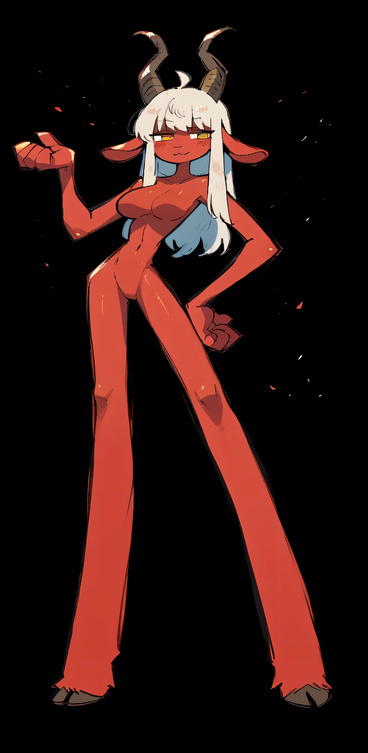 Excellent work 4K, details, extreme details, high resolution, 1 woman , goat , goat eyes , red skin , goat horns , bangs , long legs , abdomen, large breasts , Stand on hips