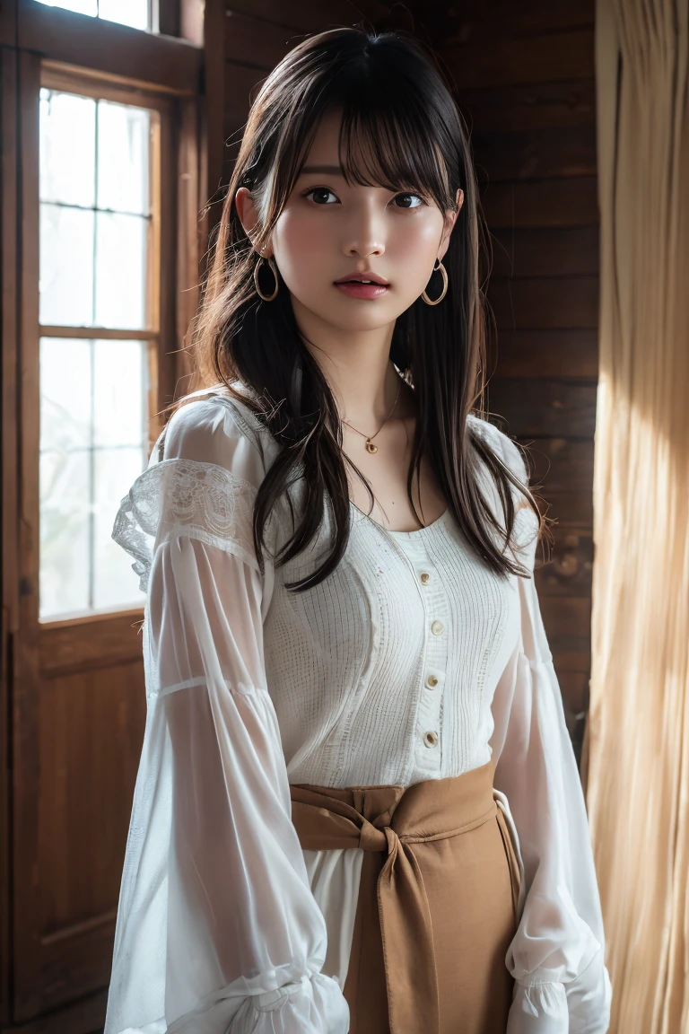 (Highest quality:1.4),(masterpiece:1.4),(Realistic:1.4),(Realistic:1.2),(超High resolution, RAW Photos:1.4),(High resolution, Ultra-detailed:1.2),(8K:1.2),View your viewers,Cinematic photography,One girl,skeletally correct，Black-haired woman，(Small earrings，necklace，Cream colored blouse，Brown checkered long skirt，View from the front),（Western-style building interior，Dimly lit room，The lamplight shines on my cheeks，Sit on the sofa）