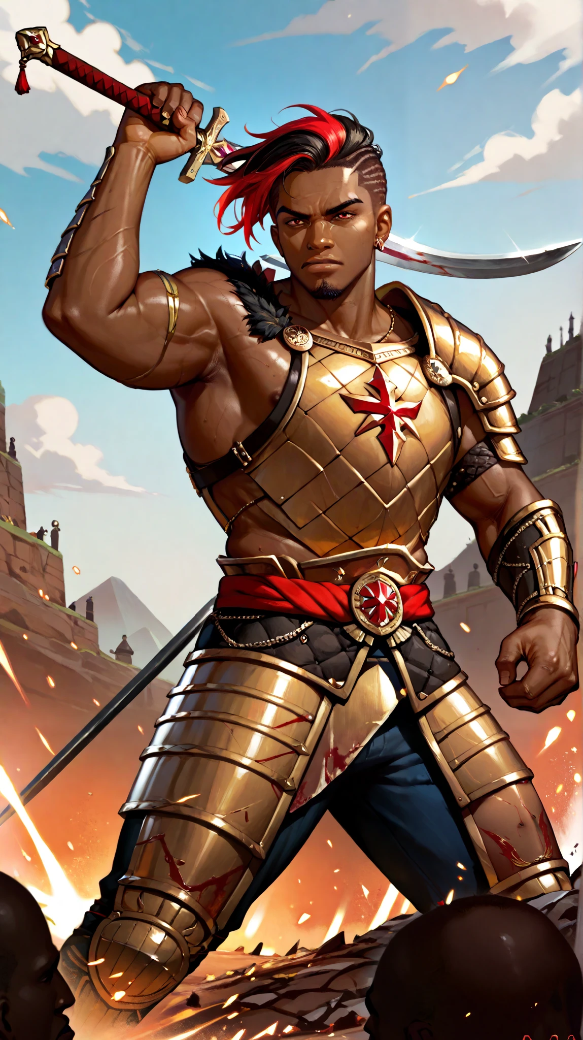 Create a dark-skinned African black man, With short black dread hair with red highlights, with goatee, with blood red eyes , bronze armor with gold and diamond details black stones in, fighting with swords on a battlefield
