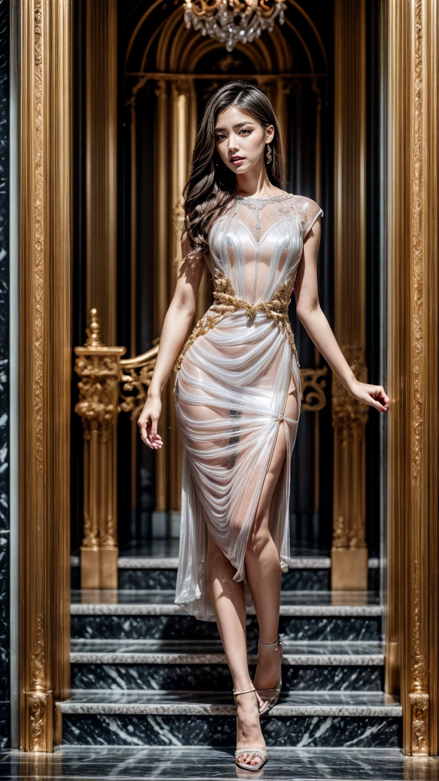 ((highest quality, 8K, Ultra high definition)), ((masterpiece: 1.3)), (Perfect appearance), (Photorealism: 1.6), (1人のJapanese Mature), (60 years old, Japanese Mature), (A Japanese woman standing on a balcony looking at the night view: 1.6), (Sideways figure of a woman: 1.4), (Only the face turns around: 1.4), (Late Night: 1.2), ((A woman standing at the edge of the screen: 1.6)), (Standing with both elbows leaning on the railing: 1.2), ((Realistic skin texture)), (Fine wrinkles all over the skin, Dull skin, Unmoisturized skin, Wrinkles around the eyes, double eyelid, Lower eyelid tear trough, Crying Mole, Dimples), Slightly parted lips, (Short bangs), (Party Hair Set: 1.2), (See-through long dress: 1.4), (Bust up portrait: 1.4),