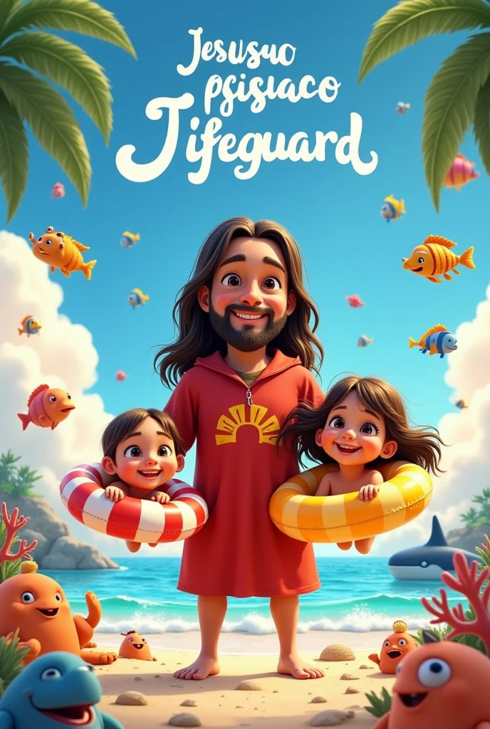 Cria uma arte para estampa de blusa com o tema Jesus saves lives.
In this art I want you to add the theme" Jesus saves lives" also include the Bible verse " Matthew 13:4"
In the art I want you to put Jesus dressed as a lifeguard, inside the sea, saving 2 beautiful and cute children. Add baby turtles to the sea, little fishes, whale