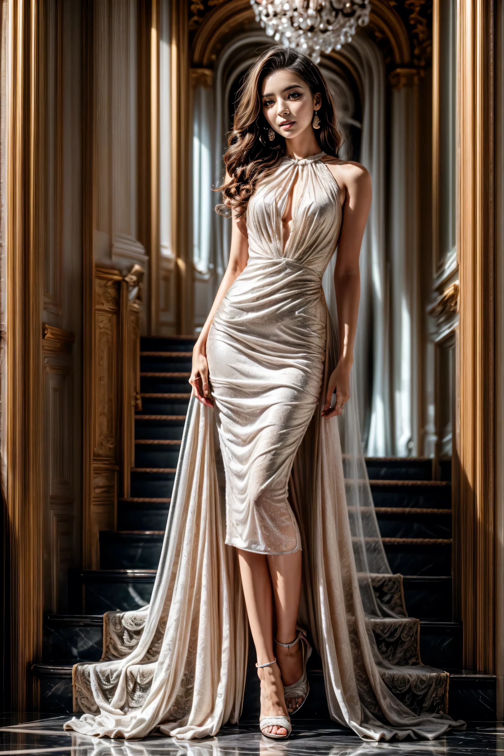 Realistic image of woman in a silver and gold dress standing on a balcony, bela arte digital, deusa bonita, ethereal beauty, pose elegante e deslumbrante, bela arte de fantasia, vestido sexy, karol bak uhd, Flowing dress, vestido de fantasia, mulher da fantasia, impressionante;, usando um vestido elegante, Vestido elegante, fantasia vestido longo intrincado, uma bela imperatriz fantasia, stunning digital illustration, Beautiful, 8k, obra prima, riqueza de detalhes