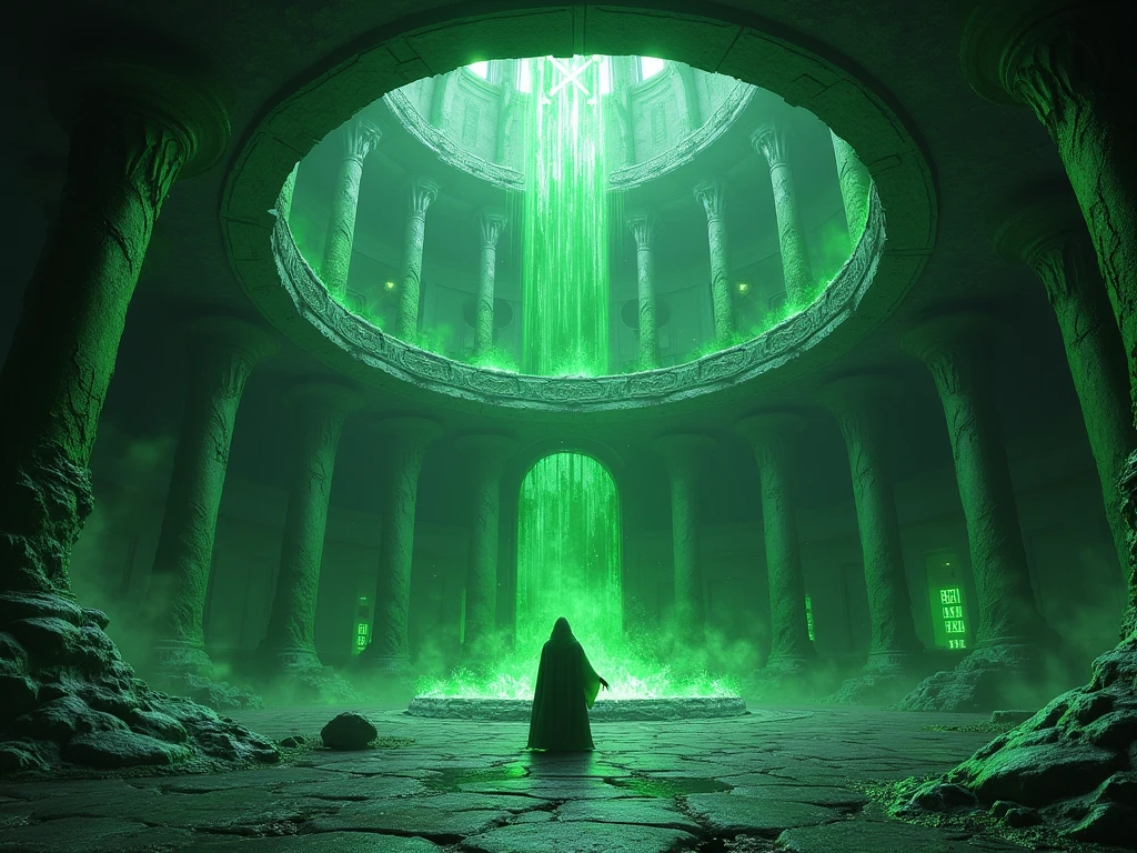 Huge fantasy round green corruption wizard tower interior hall - SeaArt AI