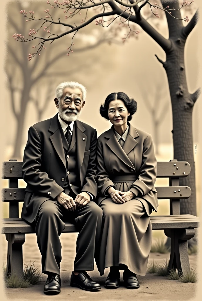 An old man and an old woman sitting on a bench looking at me With white shirts and in front the boy has the letter E on his shirt and the girl has the letter J on her shirt and below the letters they have the numbers 04-12-19 And behind them a park 