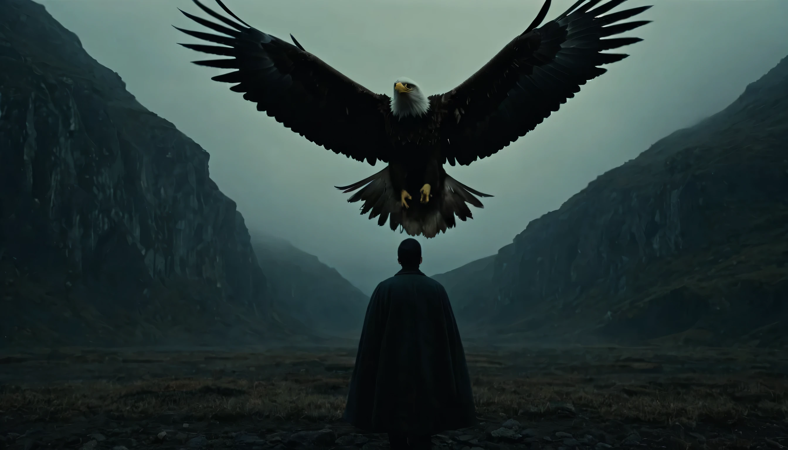 An eagle in the center of the picture ,Open your wings,Back, A Shot in the Music Video , Stunning moody photography , Alessio Albi , dramatic cinematic action footage , detailed cinematic photography , a fantastic still image , Stunning photography , Great composition Movie , andrei tarkovsky scene