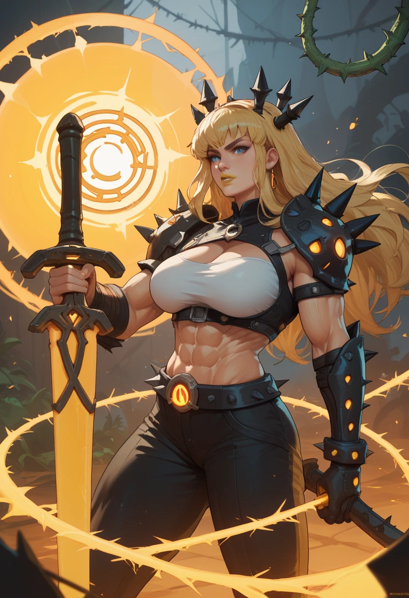 ((Close-up)), tall, (yellow hair) beautiful muscular woman, long flowing hair, light brown skinned, closed smile, (black lipstick), (massive muscles), (hyper muscle), (ginormous bulky muscles), glowing gray eyes, ((leather jacket and long pleated skirt)), (carrying a fire sword), choker, boots, night in a fire castle,