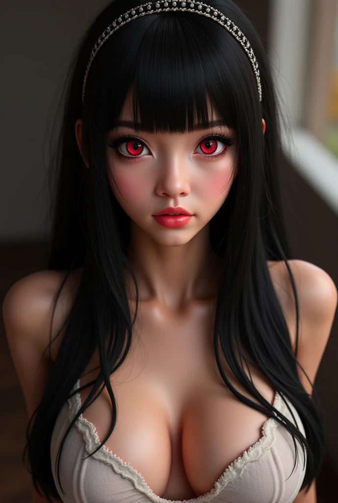 A beautiful girl with red eyes and a devilish look