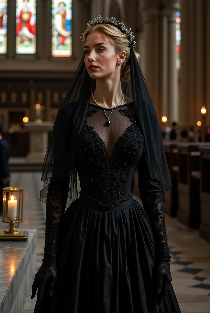 A sexy nun with seductive eyes and full lips., wearing a revealing black lace dress and high heels, poses gracefully in a dimly lit cathedral. its length, Wavy hair cascades down her back., framing her seductive face. The detailed pleats of her dress create a sense of mystery and intrigue., as the soft candlelight casts a warm glow on your perfect skin. The artwork is a masterpiece of photorealistic beauty., captured with high-resolution precision and ultra-detailed rendering. Vibrant colors add depth and richness to the scene., with a touch of bokeh in the background, creating an ethereal atmosphere. The overall composition exudes sensuality and sophistication., making it a captivating portrait in the genre of erotic art..
