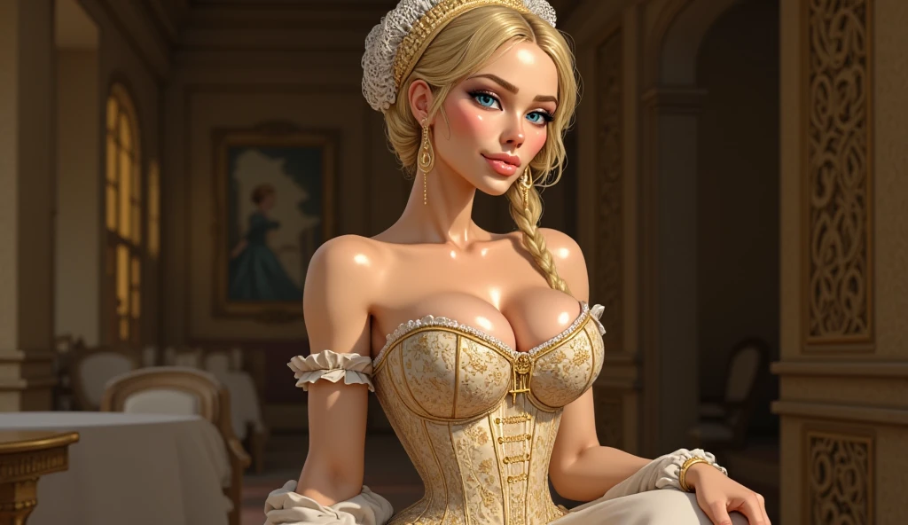 a close-up of a woman in a dress sitting on a train, uma Beautiful woman vitoriana, in victorian aristocrat, rococo queen, Senhora Vitoriana, Beautiful woman, victorian style costume, Adorable woman, gorgeous lady, like an elegant noblewoman, lindo rosto delicado, non-rococo style dress, linda Beautiful woman, Rococo style portrait, intricate victorian dress