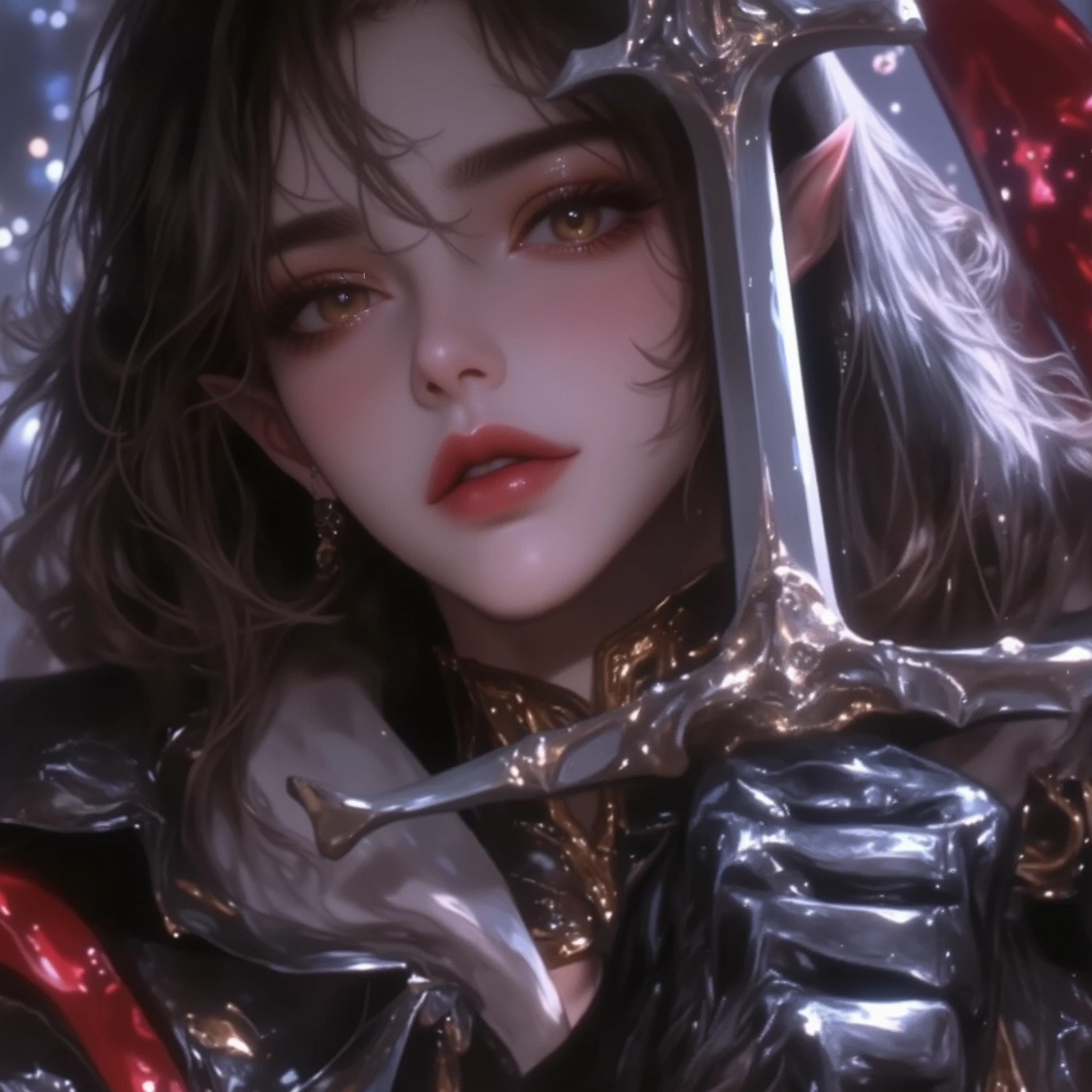 (dino \(dinoartforame\), konya karasue:1.2), (aged up:1.2), masterpiece, best quality, absurdres, highres, (dynamic pose:1.2), (dynamic angle:1.2), Best quality,masterpiece,ultra high res,beautifu l, extremely detailed face, perfect lighting, perfect face, 16k, beautiful women, 1 garota , 16k, Best quality,masterpiece,ultra high res,beautiful, extremely detailed face, 16k, In a fantasy world, a beautiful fae knight holding her sword. The fae wears a dark gray metal knight outfit, with gold and brown trim. The sword that the fae holds, the hilt is detailed with spikes on the handle, the metal of the sword is light gray. The fae has an ethereal beauty, with long dark brown hair, bright golden eyes, pointed ears, and a full, slightly pink mouth.