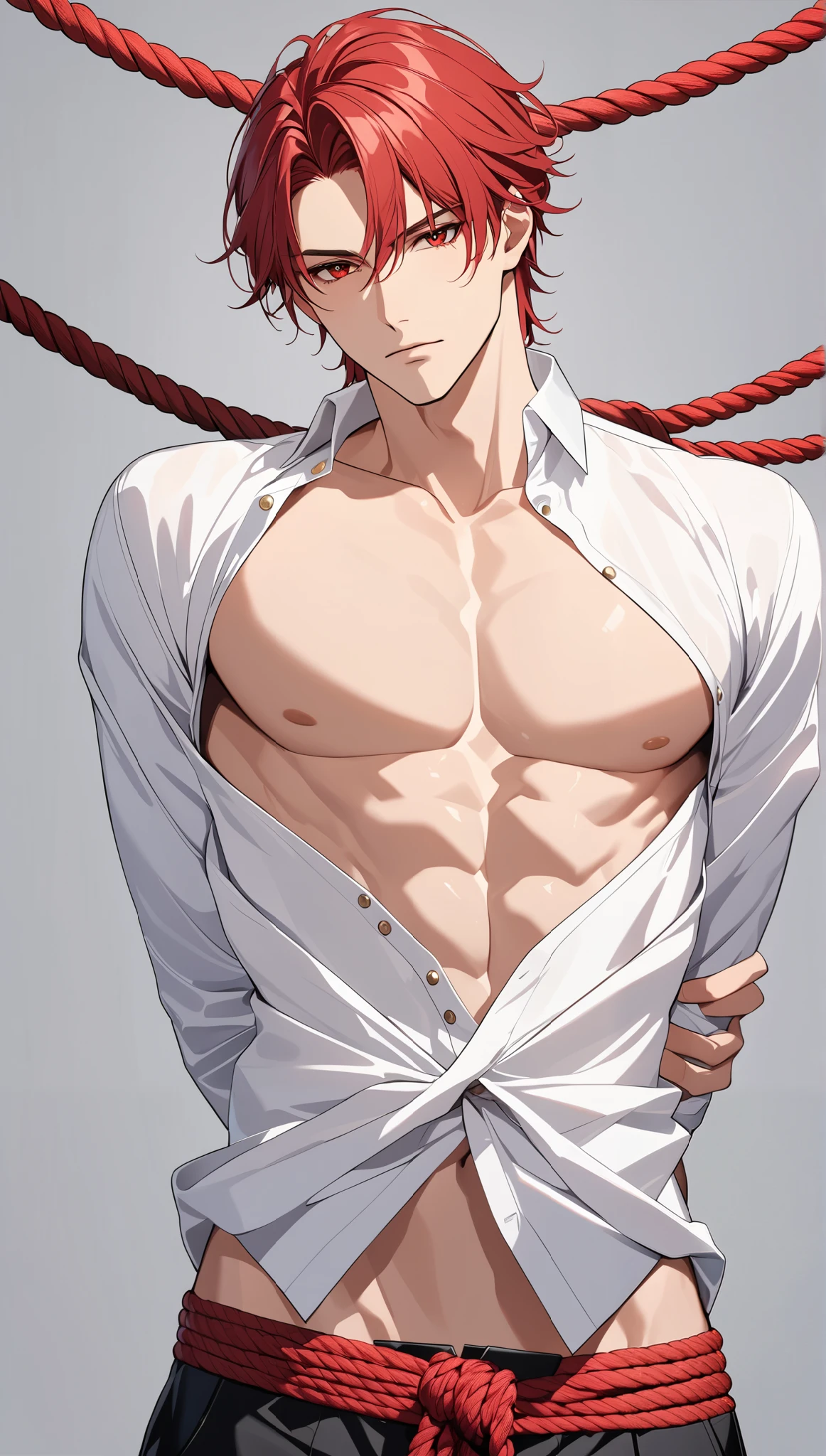 top quality Masterpiece high definition Masterpiece , red hair man, red Eyes man plain backround, no backround, white backround, male, mascular body , handsome, ikemen, thight white shirt, partly unbottoned, serious, his body is tied by roped, hands on back, napped, wrap by roped, hands up on the back