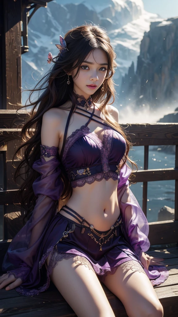 8K, ultra hd, masterpiece, hd colors, 1 girl, perfect face, very long curly hair, detailed eyes, simple clothing, gradient purple clothing, stocking, lace, sardine, straps, net, loops, bare waist, jwellery, ornament, earrings, necklace, waterside, Realistic scenery, epic scenery, sun rising, evening, clouds, Butterfly, cherry blossom, blowing wind, perfect pose,
