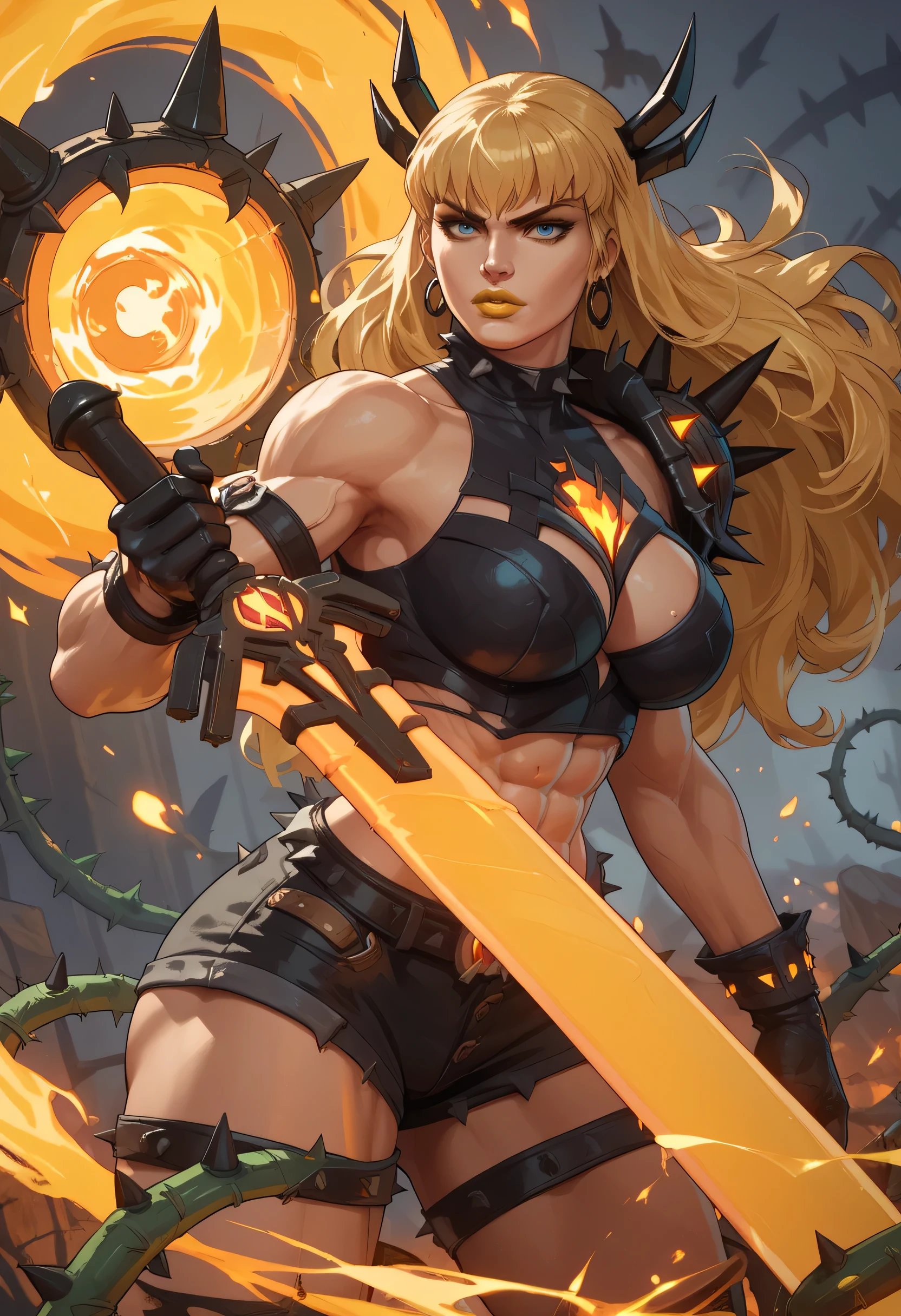 woman, big breasts, yellow lipstick, anime style, blue eyes, blonde hair, white skin, long hair, strong, sword, thorns, muscular, orange portal, orange energy, fire, demons, Hell, Magik, Marvel rivals