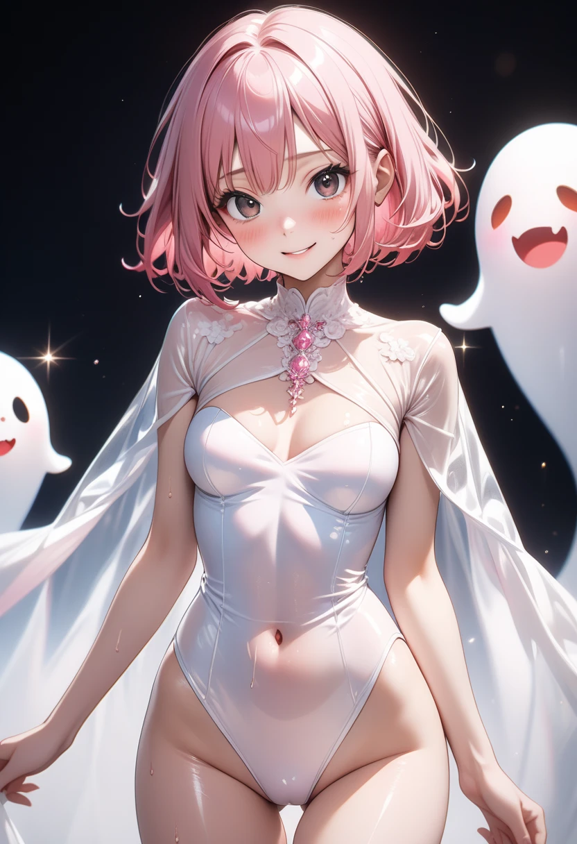 ((Ghost Costume)), skindentation, skinny, alone, solo, 1 woman, Masterpiece, highest quality, highest quality, 16K, incredibly absurd, highly detailed, 2.5D, ai-generated, delicate and dynamic, very delicate facial expressions, delicate eye depiction, erotic, only sexy woman, ((A cute and kind face)), healthy figure, ((1 woman)), 160cm tall, ((medium firm swaying bust)), medium breasts, (short hair), (pink hair:1.5), bob cut, black eye, blush, Sweat,Embarrassed,sexy, ((thin thighs)),, shiny and lustrous, facing straight at viewer, smile, ((Oily_skin)), dark skin, ((standing)), ((arm at side)),