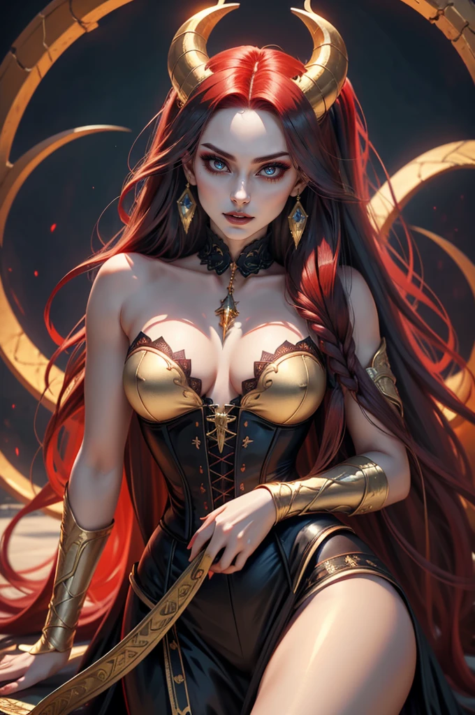 highest quality, ultra high resolution, super detailed, gorgeous, masterpiece, best quality, high resolution finely detailed, extremely beautiful, distinct image, glistening caramel brown skin, piercing golden eyes, curly fiery red hair, slender alluring older woman, 40 years old, elegant long empress dress, (((MILF))), 1 woman, solo, sharp facial features, empress like aura and majesty, symmetrical shaped face, fiery red lips, medium height(174cm), slender and thick, toned body type, Gothic modern city setting