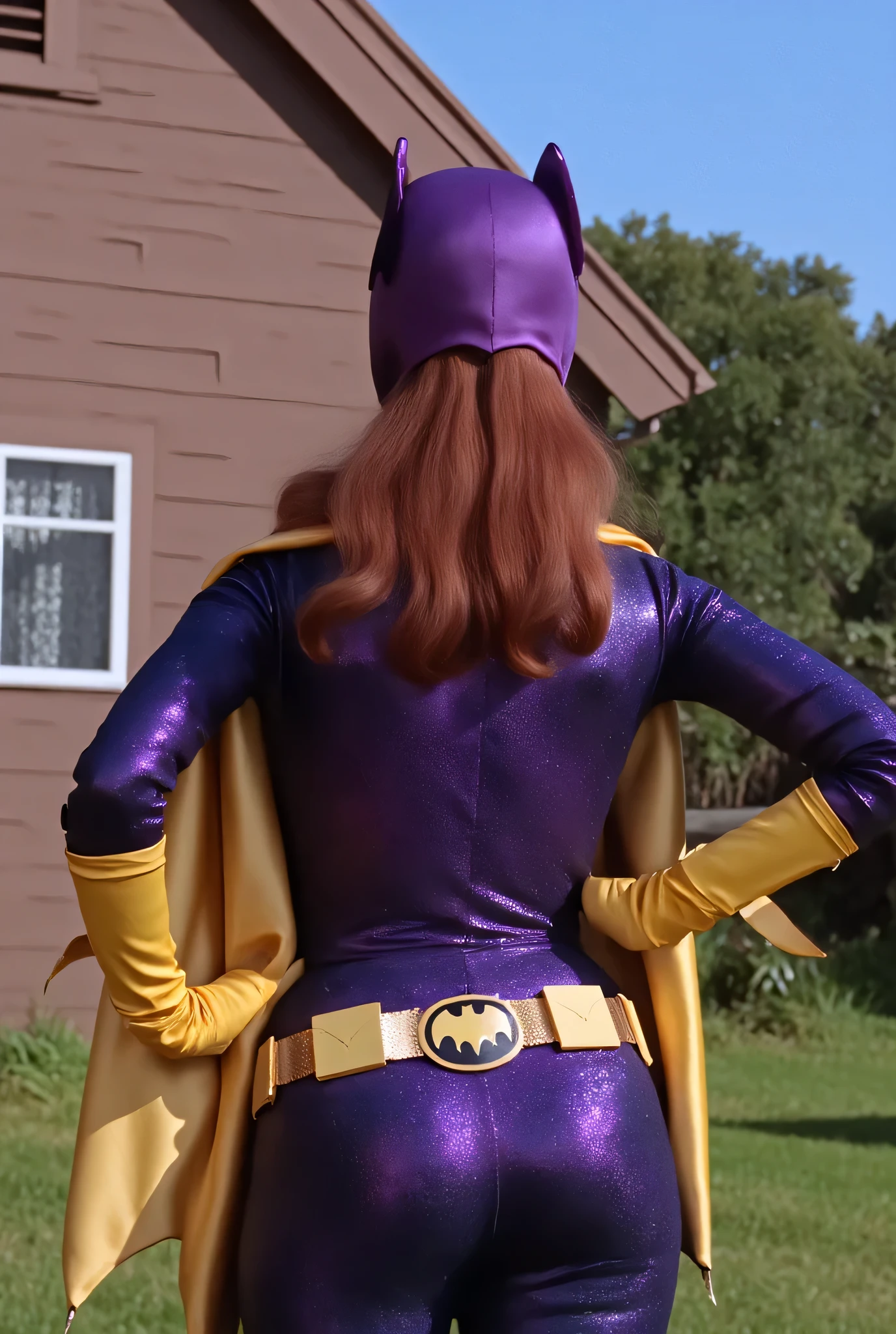 Realistic, 8k, ultra detailed, rear ass view of age girl with dark red brown hair wearing a tight-fitting skintight push up wedgie tight sexy light shiny purple batsuit, wearing a purple rubber batgirl mask, wearing yellow leather boots and yellow leather gloves, wearing a yellow leather belt, wearing a purple leather cloak, standing in front of a small house, ass view, rear view from behind, daylight