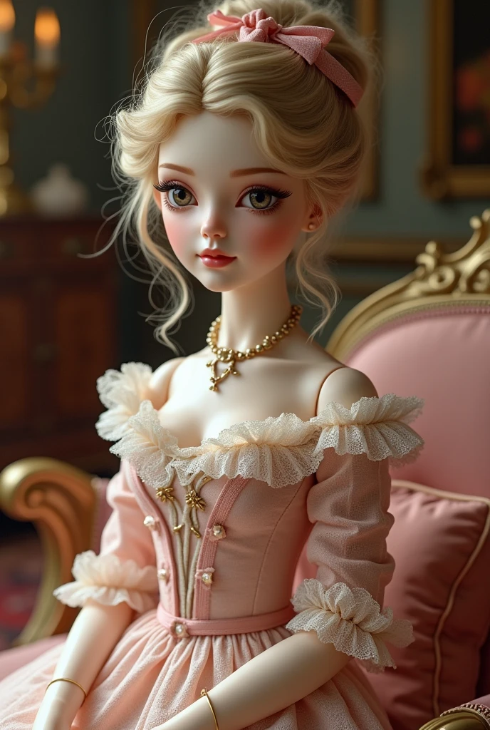 a beautiful porcelain doll, detailed face and expressive eyes, delicate features, long eyelashes, intricate dress, ornate accessories, detailed folds and textures, realistic lighting, warm color palette, classic Victorian style, high quality 3D render, ultra-detailed, photorealistic