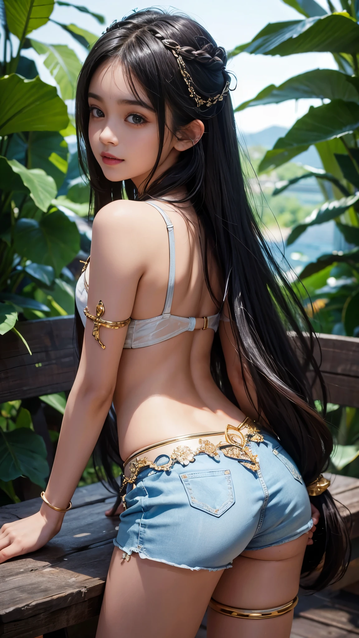 Create a song cover featuring a dark-skinned Indian woman (mulatto) and dark, mysterious eyes, with long hair (smooth ass) and black flowing in the wind. She must be adorned with seeds and feathers, dressed in traditional costumes. The background should be a lush green forest, with elements like red earth, serene waters and gentle breeze. India must exude strength and serenity, symbolizing the connection with the earth and nature, with hibiscus and jasmine flowers adding a touch of sweetness. Use a realistic style with touches of fantasy, and a palette of vibrant, natural colors. Add indigenous adornments such as headdress