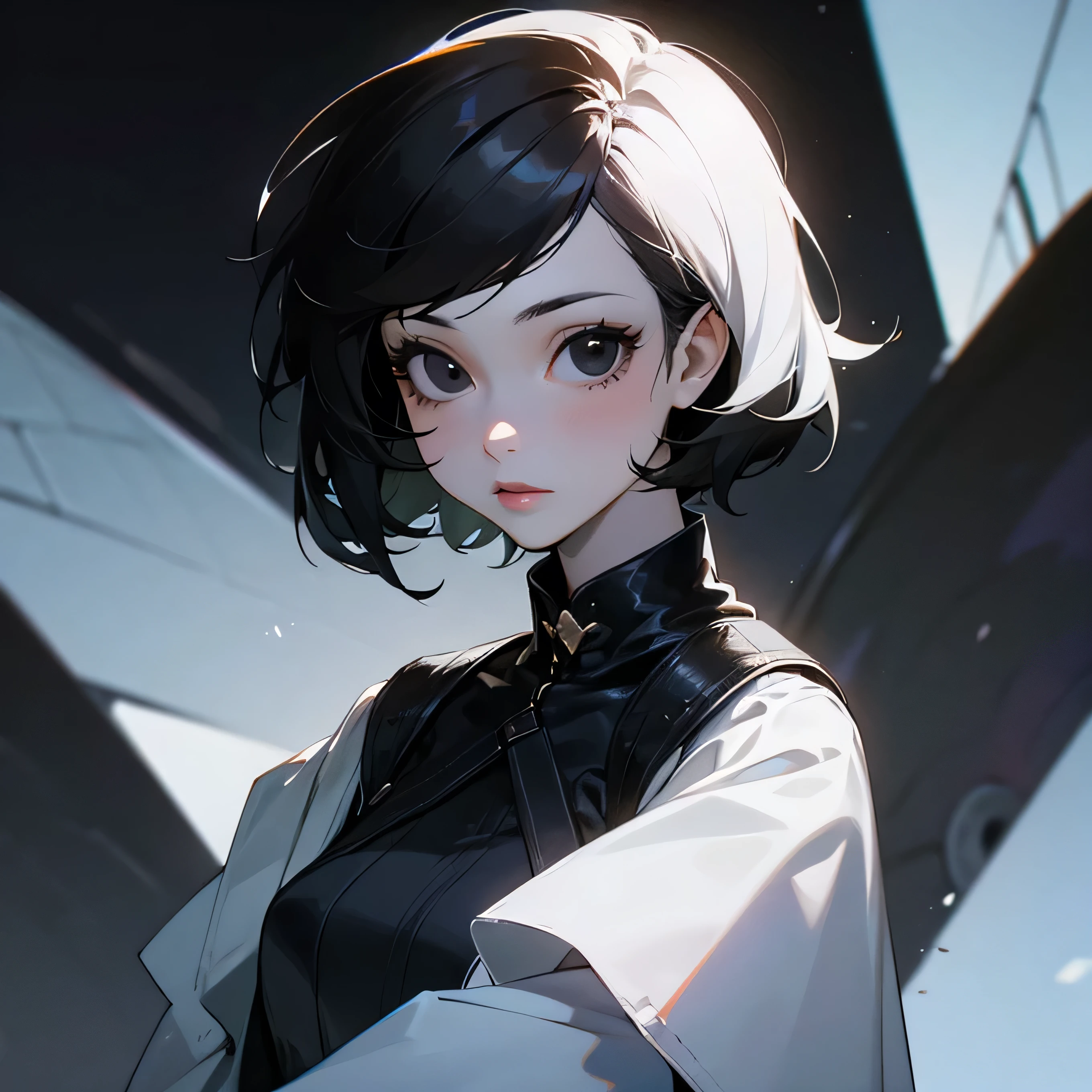 (masterpiece, best quality, Full HD), bob cut black hair, black lipstick, black eyelashes, doctor white coat, bokeh, blur, cowboy shot