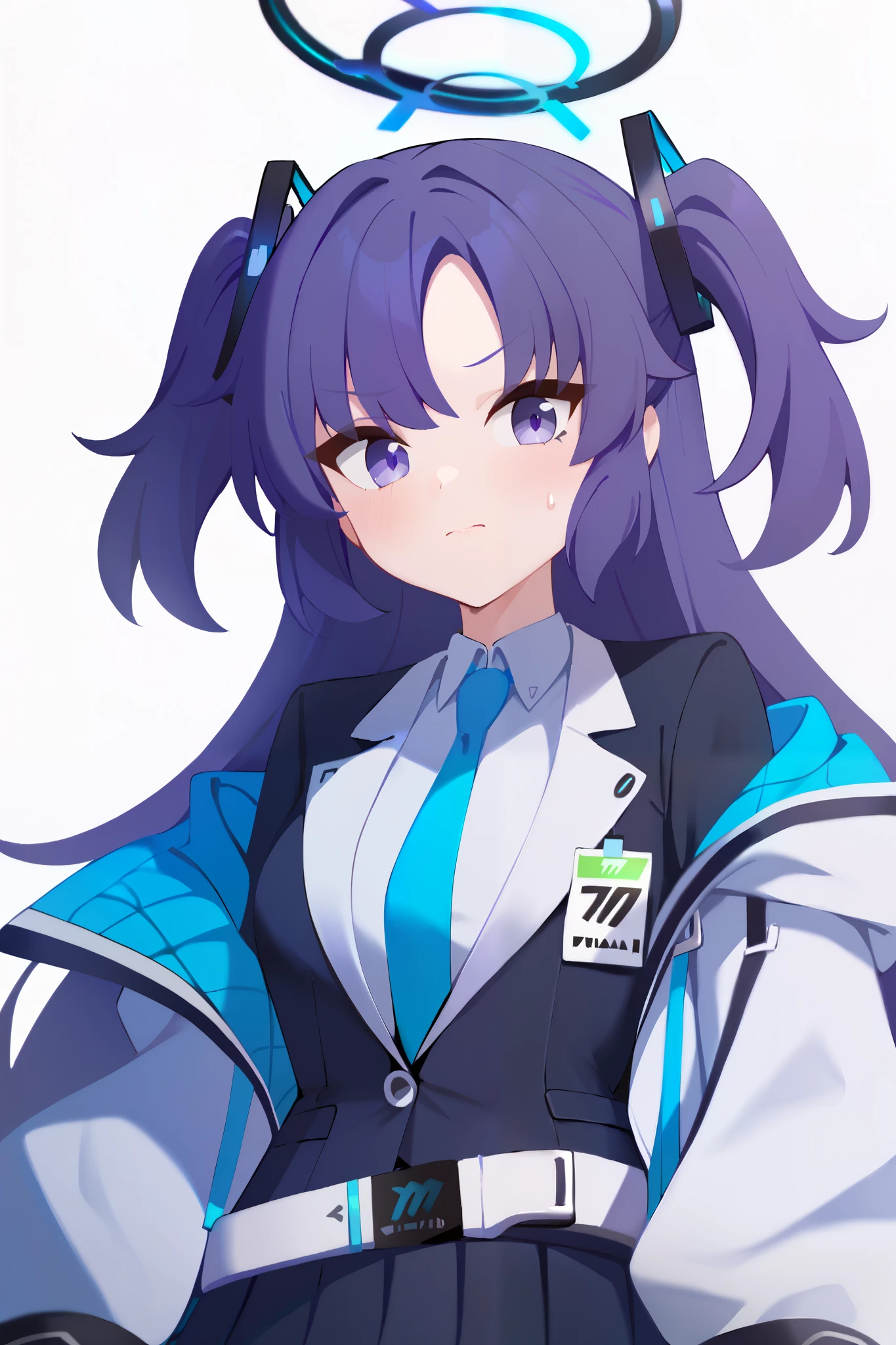 1girl, solo, yuuka \(blue archive\), purple eyes, purple hair, long hair, two side up, halo, jacket, necktie, shirt, half gloves, pleated skirt, belt, black footwear, upper body, white background, super detail, high details, high quality, best quality, highres, 8k, UHD