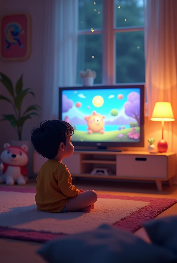 2 year old boy with short hair watching TV