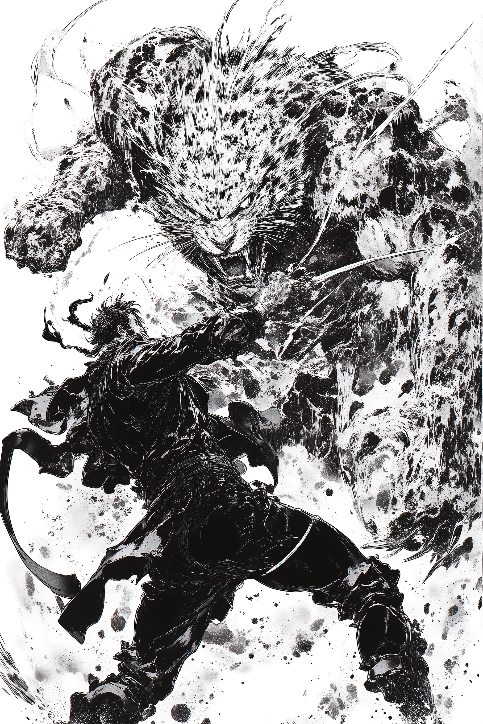 Masterpiece, top quality, retina, black and white art, Shu Arakawa style, (2 man, fighting, punching, roaring), (1 man in all black leather jacket), (huge white tiger beastman, tattered robe, fighter, very thick muscular arms, sharp claw slashing), dynamic angles, dynamic brushstrokes