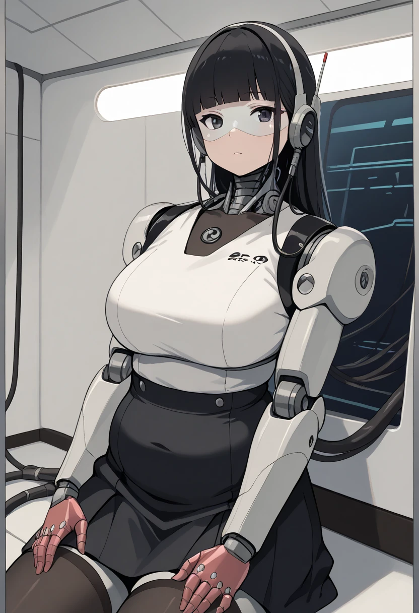 masterpiece, best quality, extremely detailed, Japanese android girl,Plump ,control panels,robot arms,robot,android,cyborg,white robot body,blunt bangs,robot repair plant,skinny pants,boots,blue eyes