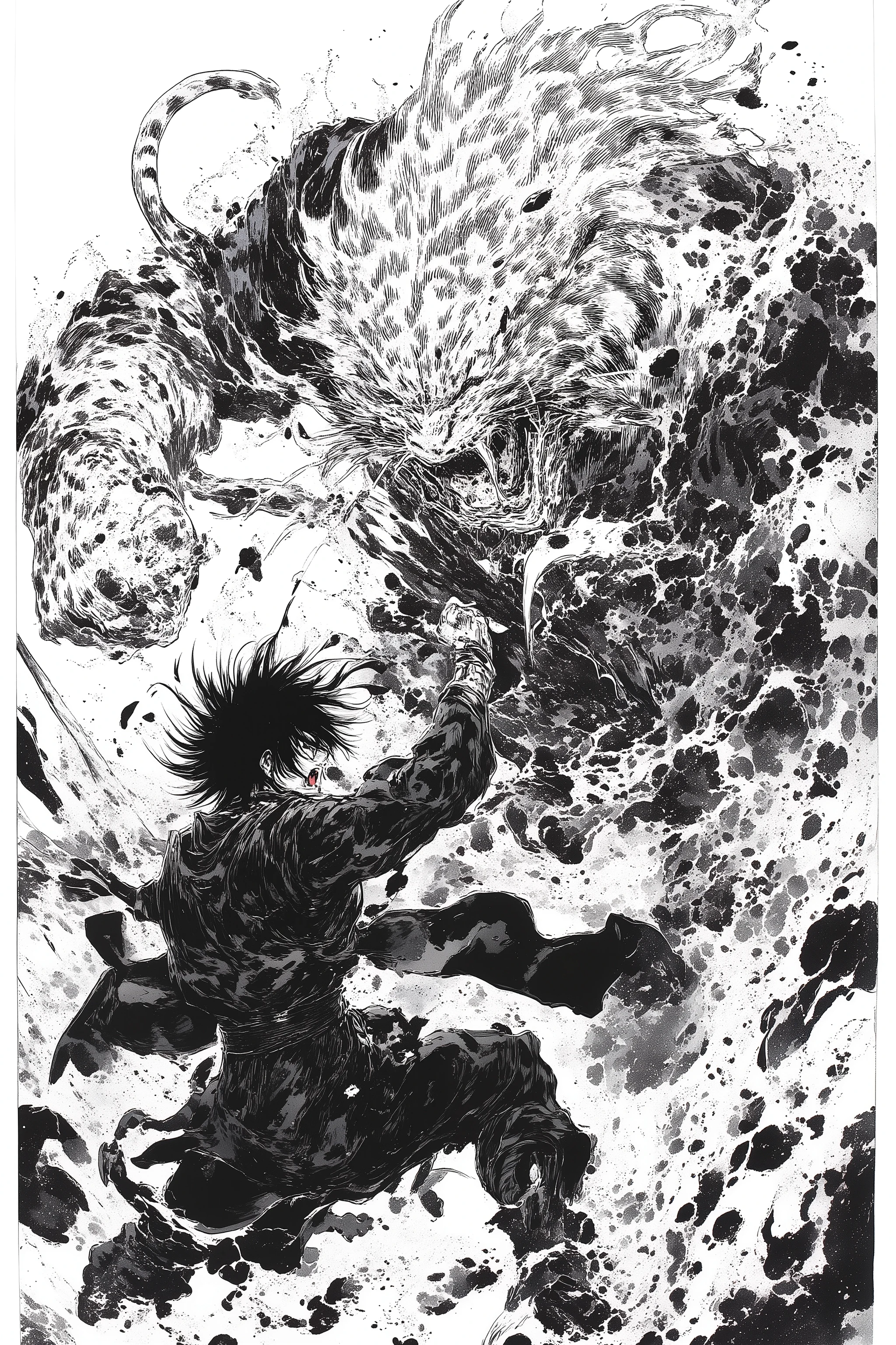 Masterpiece, top quality, retina, black and white art, Shu Arakawa style, (2 man, fighting, punching, roaring), (1 man in all black leather jacket, hair standing on end, bangs, cloud style), (huge white tiger beastman, ragged robe, martial artist, very thick muscular arms, sharp claw slashing), dynamic angles, dynamic brushstrokes