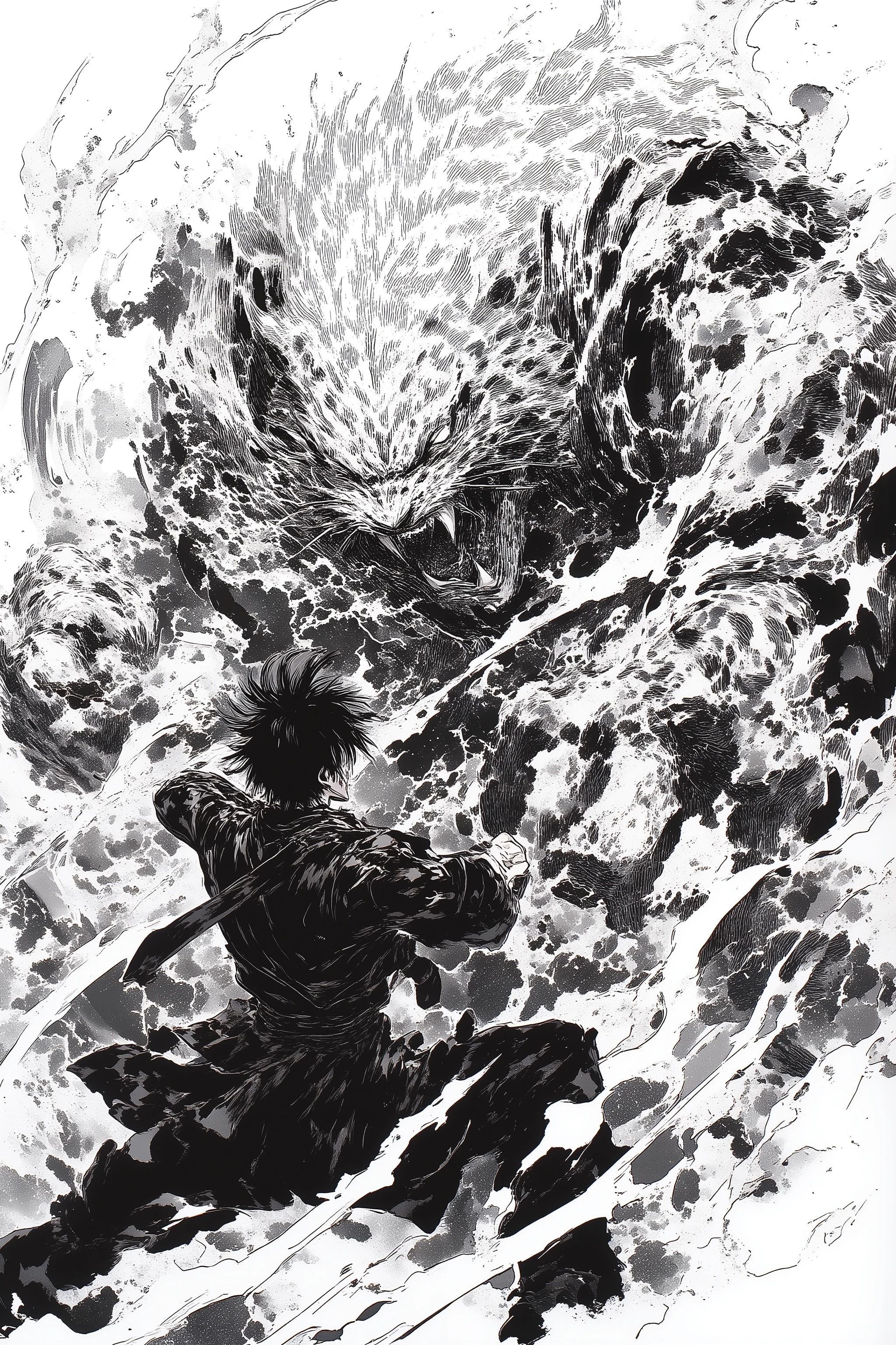 Masterpiece, top quality, retina, black and white art, Noriyoshi Oorai style, (2 man, fighting, punching, roaring), (1 man in all black leather jacket, hair standing on end, bangs, cloud style), (huge white tiger beastman, ragged robe, martial artist, very thick muscular arms, sharp claw slashing), dynamic angles, dynamic brushstrokes