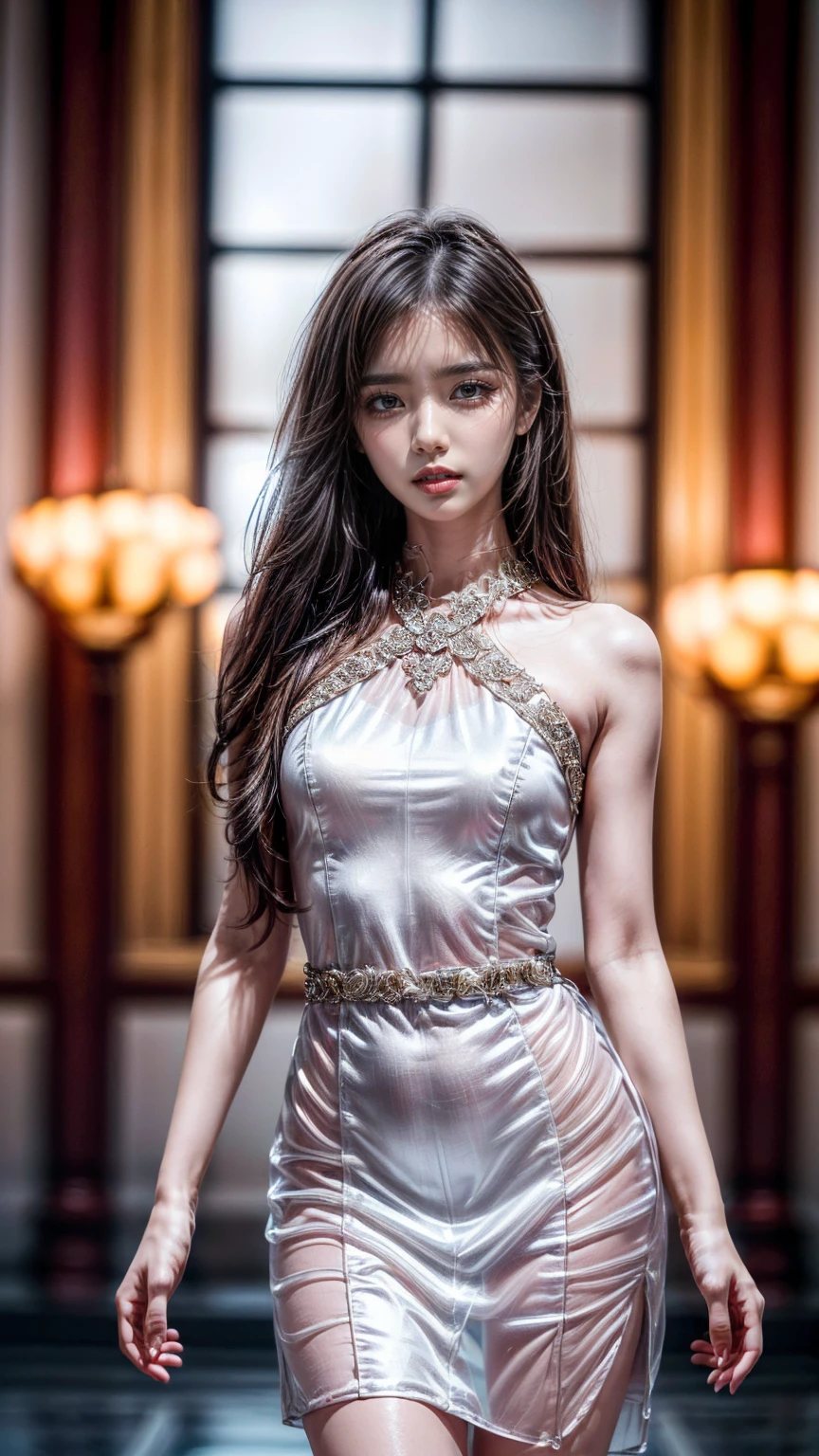 best quality, realistic, (a 26 years old female Indonesian supermodel), (perky nipples), (perky breasts:1.5), seductive smile, (bright red hair),(messy hair) (long hair) (straight hair:1.5), perfect eyes, sharp details, detailed face, face makeup, cheeks blush, eyeliner, eyeshadows, lip gloss, supermodel, (deep focus), (hard lighting), (realistic lighting:1.0), full-body shots, cowboy shots,layered lace based clothes, white dress, off shoulder , big collar on neck:1.6 , no bra, best inerior design background