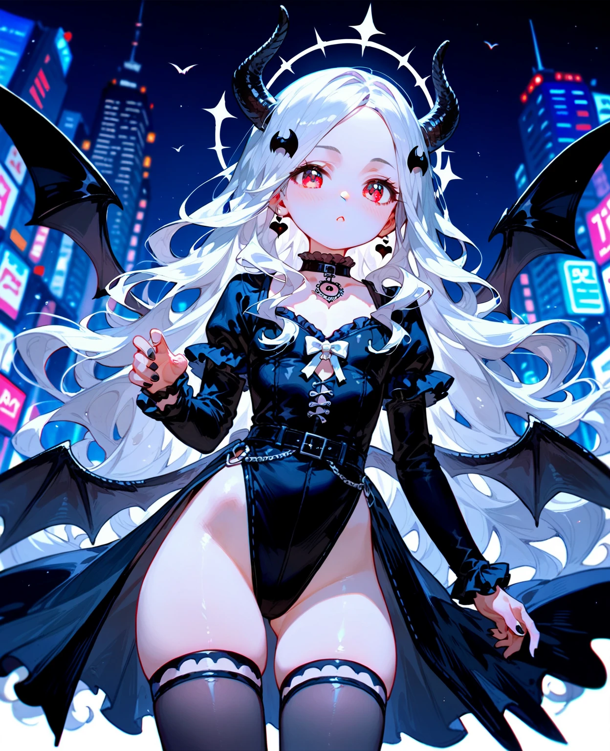 (city from above: 1.4), (theme-destruction:1.2), destroyed buildings, debris, (giantess:1.2), (wings:1.1), a giantess looming over a tiny city, a giantess looking down at a tiny city, huge breasts, navel, , pussy juice, tail, (demon_girl:1.3), bra, (furry:1.2), (horns), huge thighs, cowboy shot, midriff, smile, cleavage, BREAK, (looking down at viewer: 1.2)