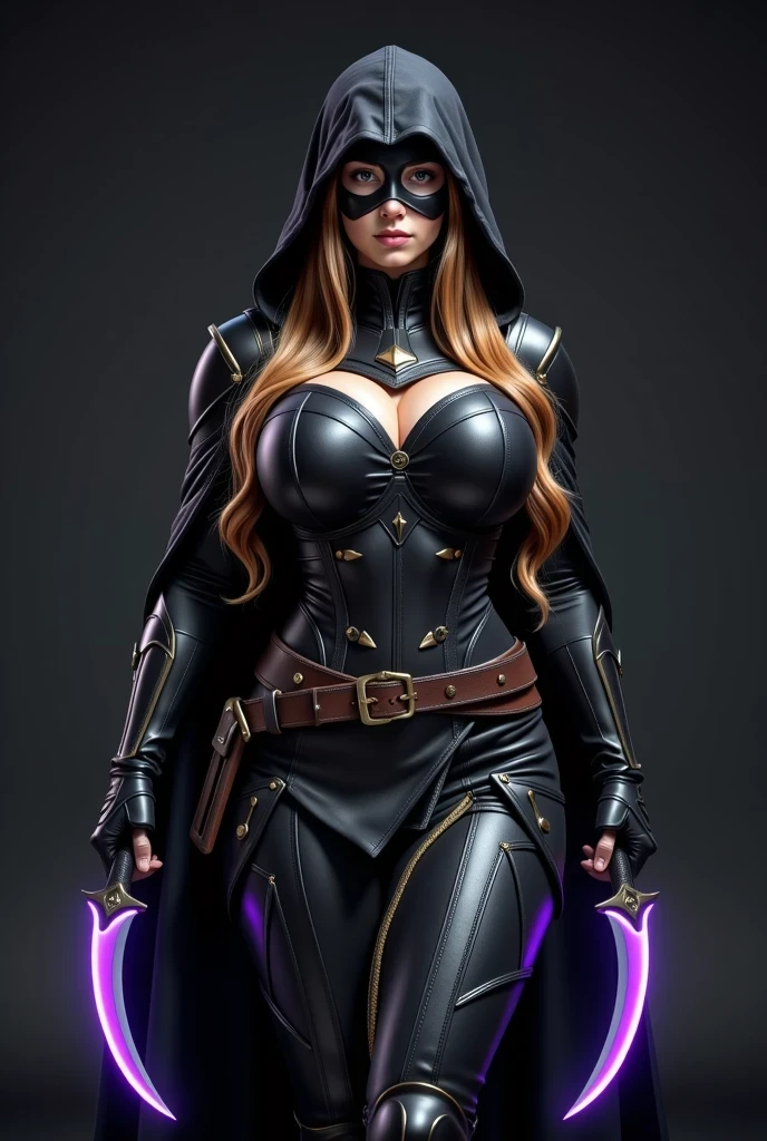 1girl, solo, elf, long hair, purple eyes, serious, , slim waist, (((black assassin's facemask))), fingerless gloves, (((black hooded cape, cloak)))), assassin, ((((full black fantasy assassin's body armour))), (((hooded))), (full body), black fingerless elbow gloves, black gauntlets, black boots, (((holding dual curved knives with glowing purple blades))), realistic,
