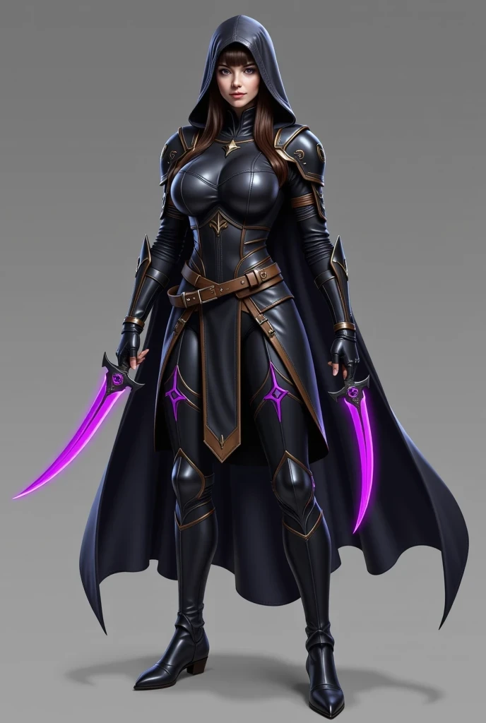 1girl, solo, elf, long hair, purple eyes, serious, large breasts, slim waist, (((black assassin's facemask))), fingerless gloves, (((black hooded cape, cloak)))), assassin, ((((full black fantasy assassin's body armour))), (((hooded))), (full body), black fingerless elbow gloves, black gauntlets, black boots, (((holding dual curved knives with glowing purple blades))), realistic, big breasts