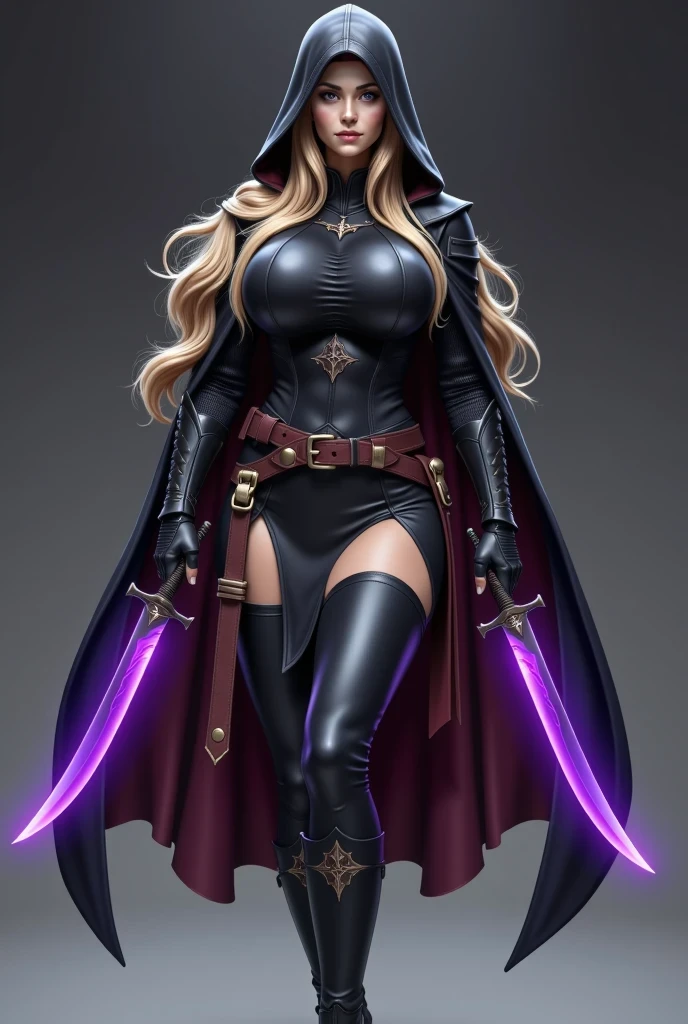 1girl, solo, elf, long hair, purple eyes, serious, large breasts, slim waist, (((black assassin's facemask))), fingerless gloves, (((black hooded cape, cloak)))), assassin, ((((full black fantasy assassin's body armour))), (((hooded))), (full body), black fingerless elbow gloves, black gauntlets, black boots, (((holding dual curved knives with glowing purple blades))), realistic, big breasts