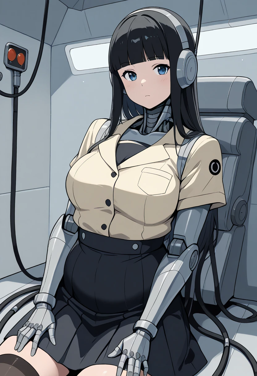 masterpiece, best quality, extremely detailed, Japaese android Girl,Plump,control panels,Mechanical Hand, Robot arms and legs,Mechanical body,Blunt bangs,perfect mechanical abdomen,future laboratory,charging spot,She is sitting the charging spot,laboratory,long tube,thick cable connected her neck, white robot body,The removable cover is in the groin,The connection port is in the groin,assembly plant,miniskirt,leather boots,(blue eyes:1.5)