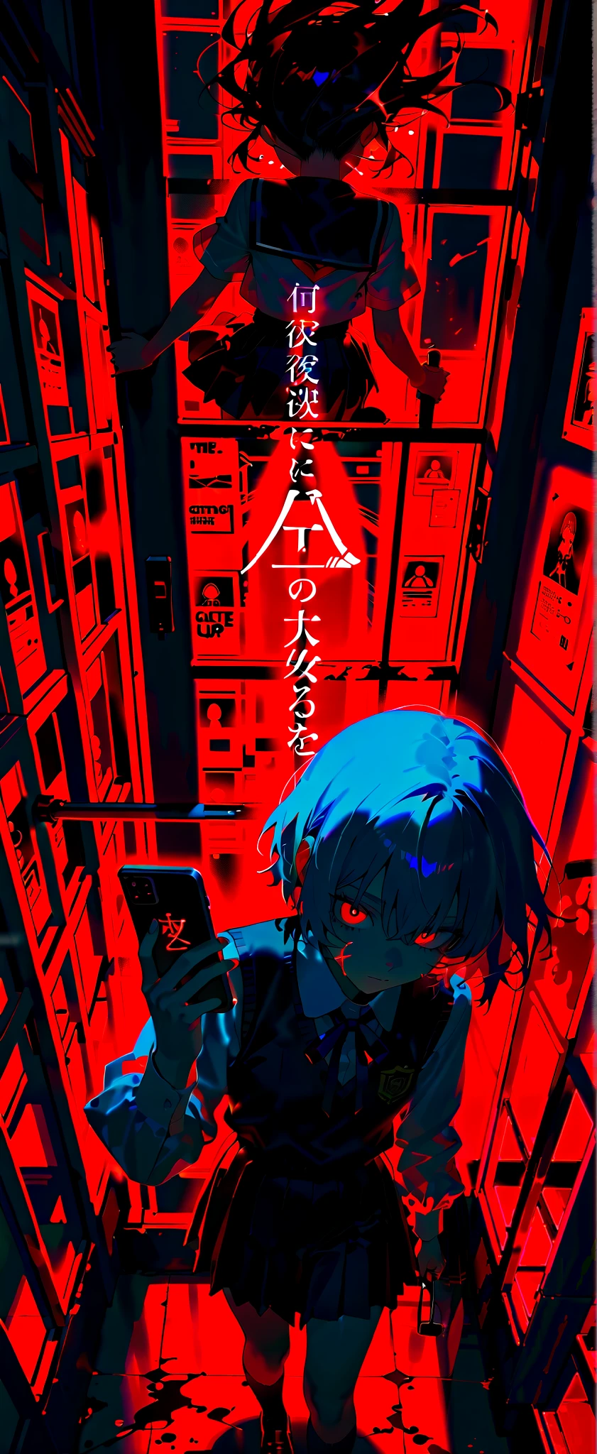 Image portrayed a storytelling narrative style, little red riding elements, double exposure, (((The title “Outciass “i” appears in large, dramatic letters)))., with a Gothic or supernatural style, female student holding cell phones in red hallway, standing in front of girl looking at them, phone, skirt, holding, holding phone, red eyes, cellphone, blood, shirt, short hair, pleated skirt, (long hair girl in background, back facing the viewer)