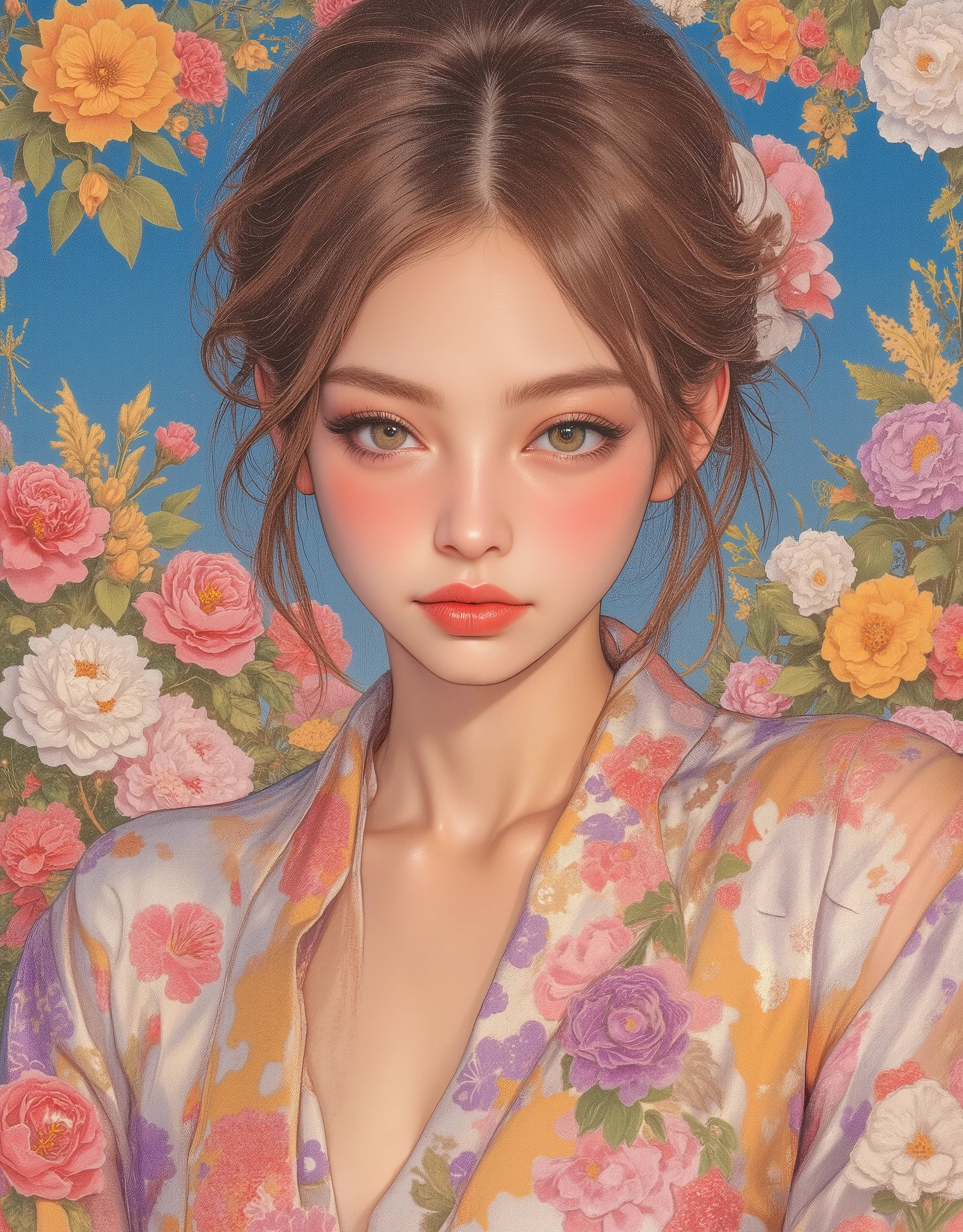 Woman wearing a Japanese yukata. Nouveau Realism, Chillwave, Groovy retro vibes, Girl Portrait and Flowers, Future Girlfriend, retro futuristic, flat Illustration, Electro Madness, Groovy retro vibes, Cross-hatched gradient, feminine art, Artwork made by Frédéric Boilet. ArsMJStyle, Oil Pastels, drawing, Nostalgia elements, Comic book style, experimental design. zavy-dtlnm, jennie kim ,