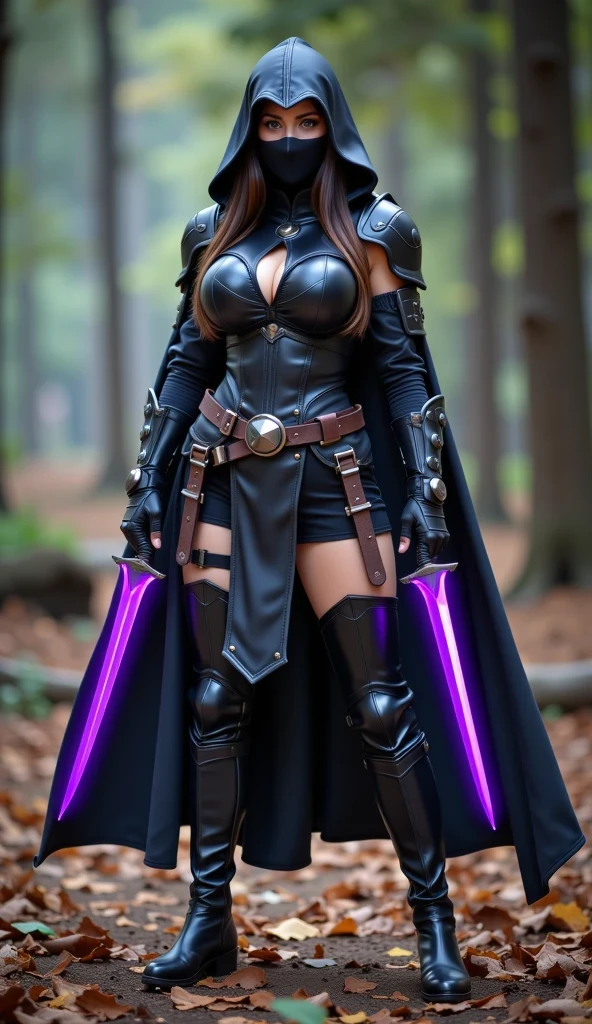 1girl, solo, elf, long hair, purple eyes, serious, large breasts, slim waist, (((black assassin's facemask))), fingerless gloves, (((black hooded cape, cloak)))), assassin, ((((full black fantasy assassin's body armour))), (((hooded))), (full body), black fingerless elbow gloves, black gauntlets, black boots, (((holding dual curved knives with glowing purple blades)))