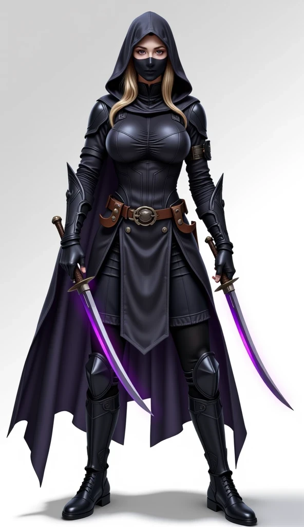 1girl, solo, elf, long hair, purple eyes, serious, large breasts, slim waist, (((black assassin's facemask))), fingerless gloves, (((black hooded cape, cloak)))), assassin, ((((full black fantasy assassin's body armour))), (((hooded))), (full body), black fingerless elbow gloves, black gauntlets, black boots, (((holding dual curved knives with glowing purple blades)))