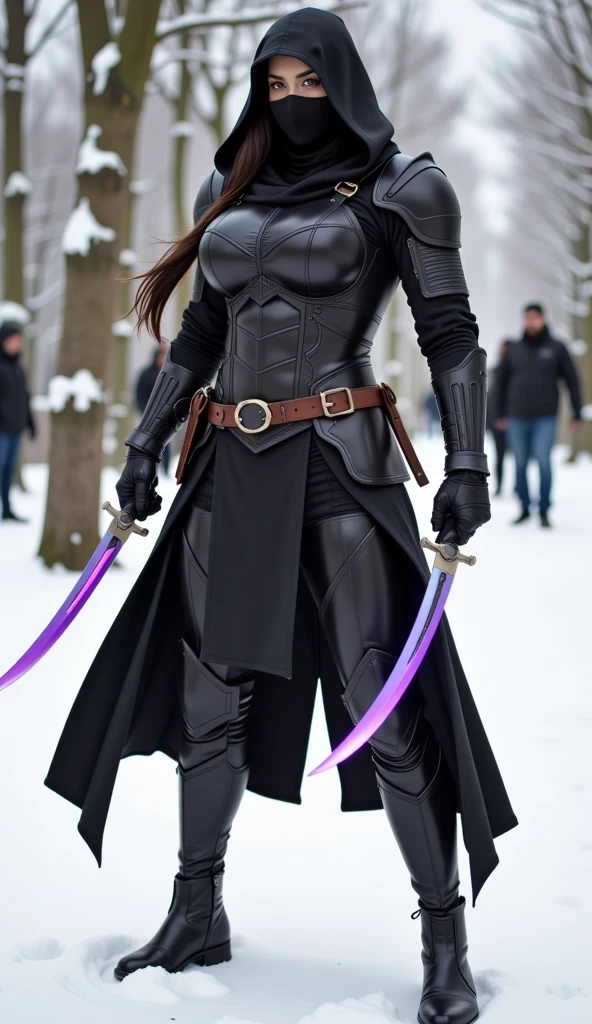 1girl, solo, elf, long hair, purple eyes, serious, large breasts, slim waist, (((black assassin's facemask))), fingerless gloves, (((black hooded cape, cloak)))), assassin, ((((full black fantasy assassin's body armour))), (((hooded))), (full body), black fingerless elbow gloves, black gauntlets, black boots, (((holding dual curved knives with glowing purple blades)))