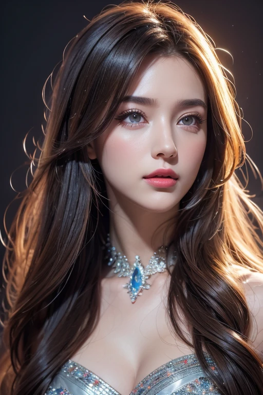 highest quality、masterpiece、8k、Award-winning works、Hyperrealism、Vampire Princess、恐ろしいVampire Princess、Natural forehead、spooky、White skin、Wicked Makeup、The most detailed and beautiful face、The relentless gaze、look at me、Long eyelashes、spookyなメイク、Black Lips、eye shadow、艶のあるBlack Lips、Top quality ultra HD skins、The most detailed eyes、(The most luxurious and highest quality giant tiara、The most luxurious and highest quality giant necklace、、The most luxurious and luxurious black princess dress)、Cleavage、Pitch black background 1.2、dark、Beautiful long wavy hair、Glossy hair、Intermediate photos、The light of God pours down、Lace fabric 1.5、透き通る様なLace fabric 1.5，