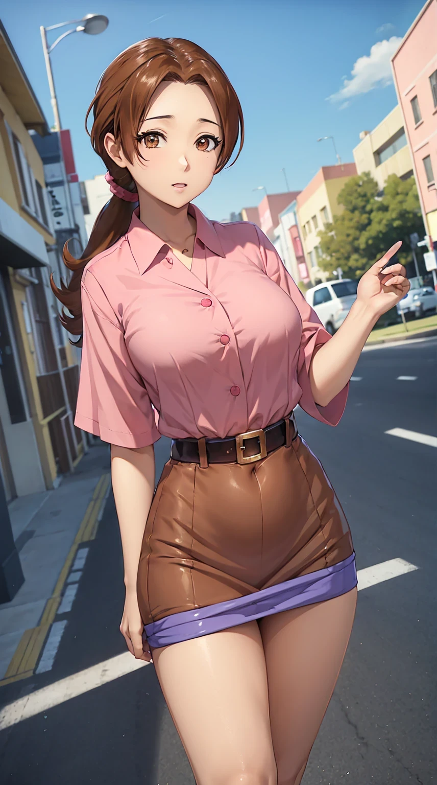 In anime, a girl with light skin, sexy, cute, leaders, long brown hair, her brown eye, wears a pink button-down blouse, shows her navel, and a short blue skirt, black shoe, she travels, flying, sky background, city.