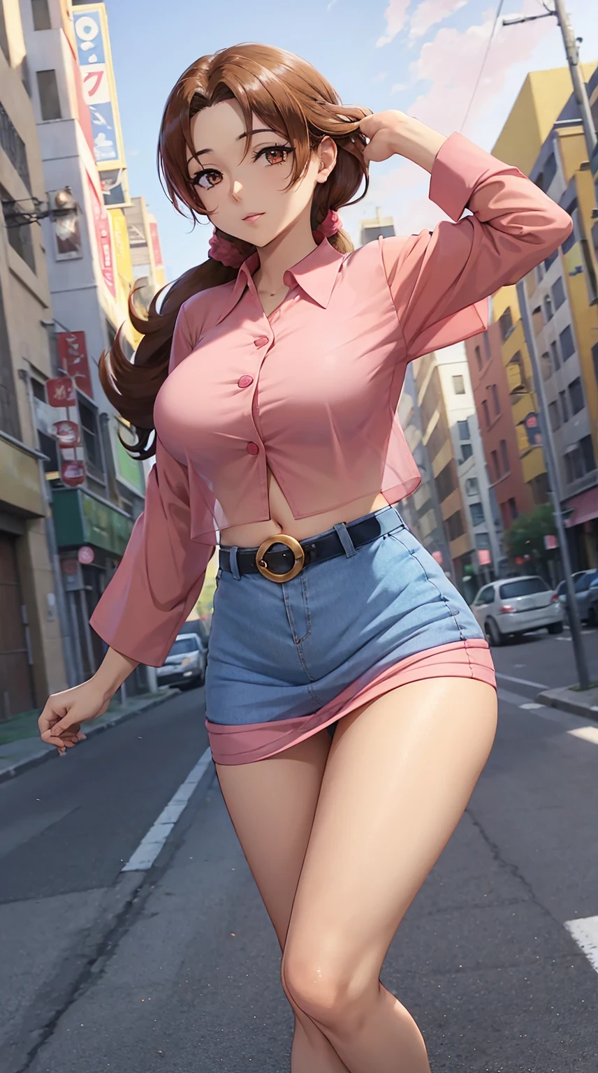 In anime, a girl with light skin, sexy, cute, leaders, long brown hair, her brown eye, wears a pink button-down blouse, shows her navel, and a short blue skirt, black shoe, she travels, flying, sky background, city.